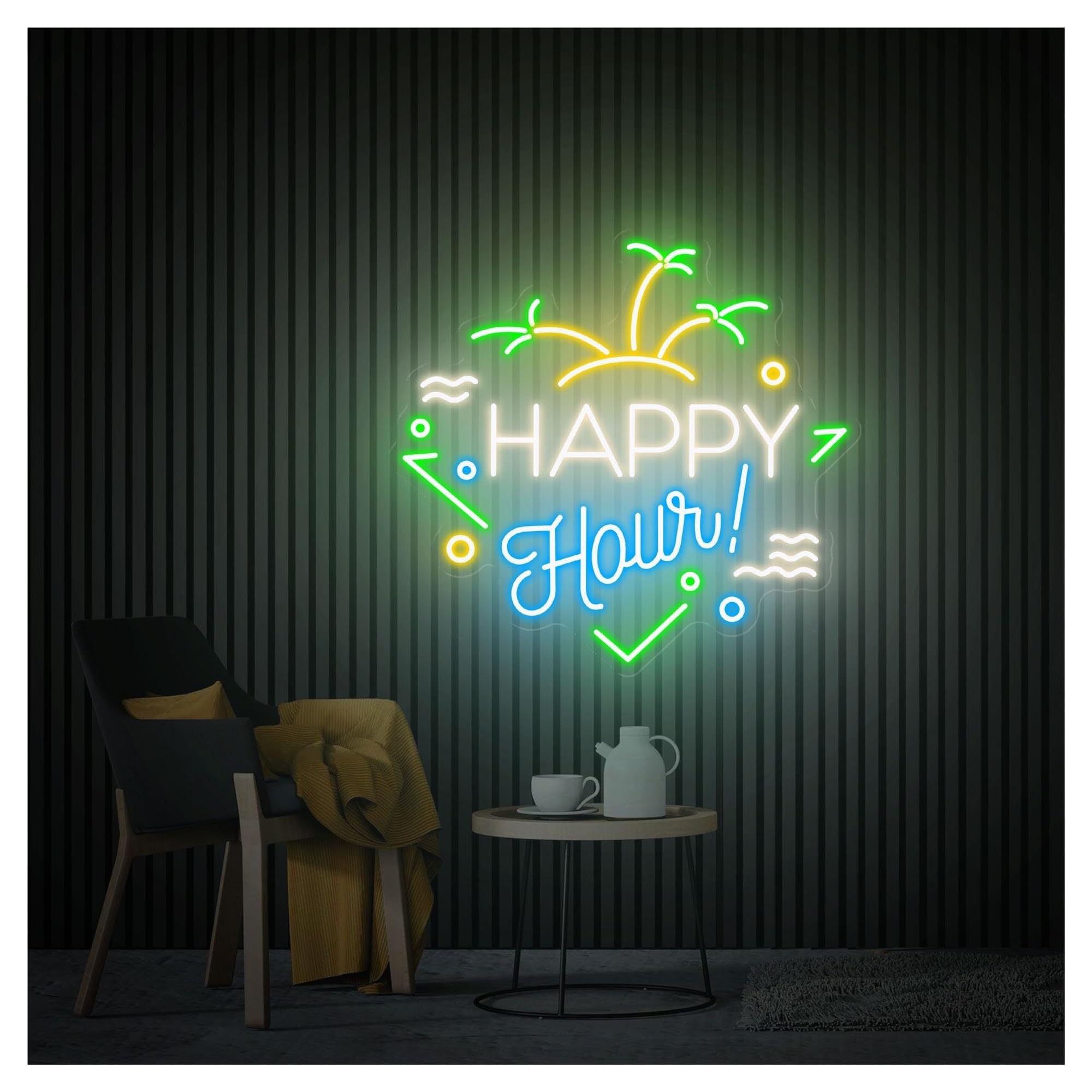 RONGCH Hanging Art Signs Happy Hour Neon Sign,Suitable for Beach House Wall Decor with Dimmable 48cmx50cm(D)