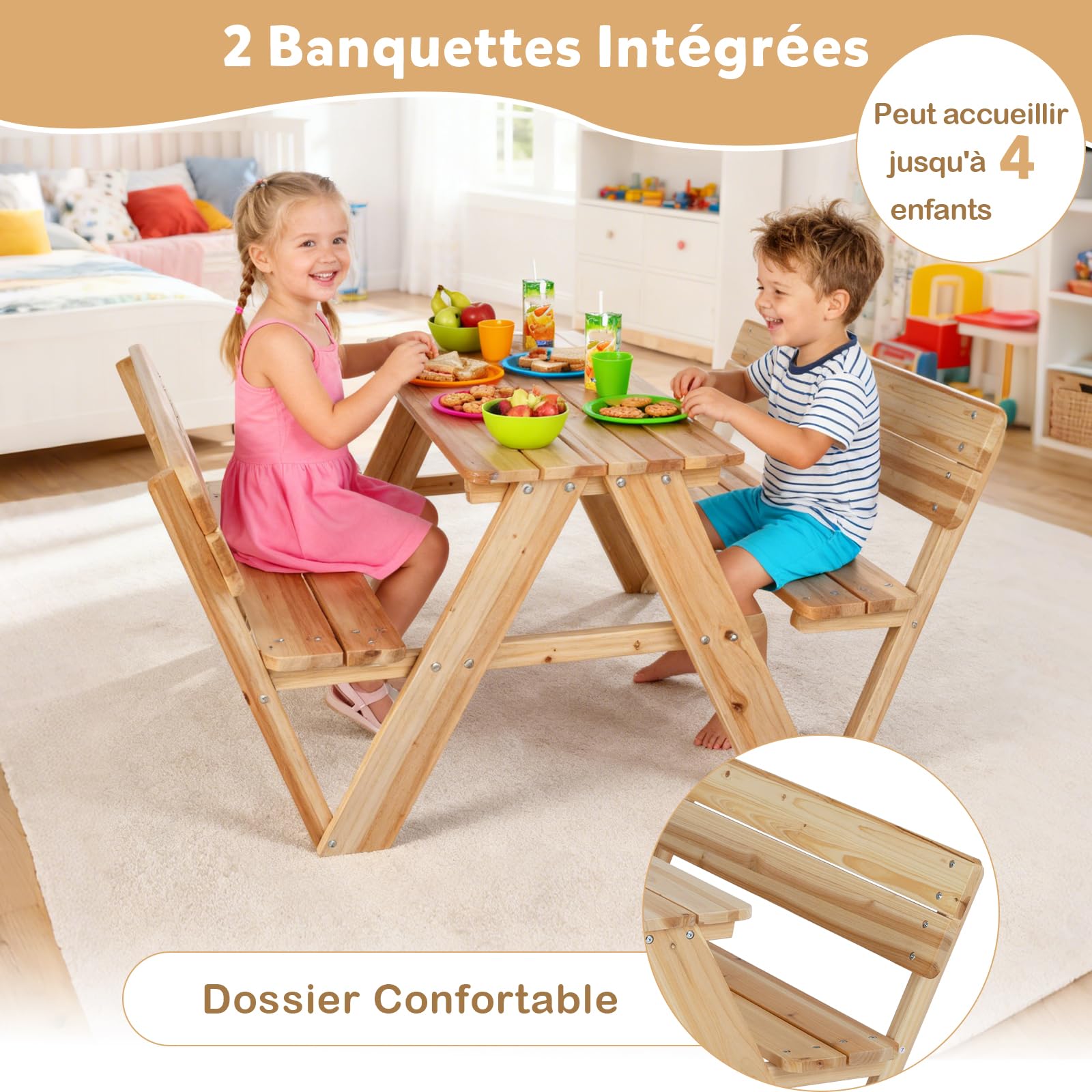 COSTWAY Table de Pique-Nique Enfant avec 2 Bancs, Table de Jardin Extérieur en Bois Sapin avec Dossier, Mobilier d’Activités pour Jardin Terrasse Patio pour 4 Enfants de 3 Ans+, Charge 150kg