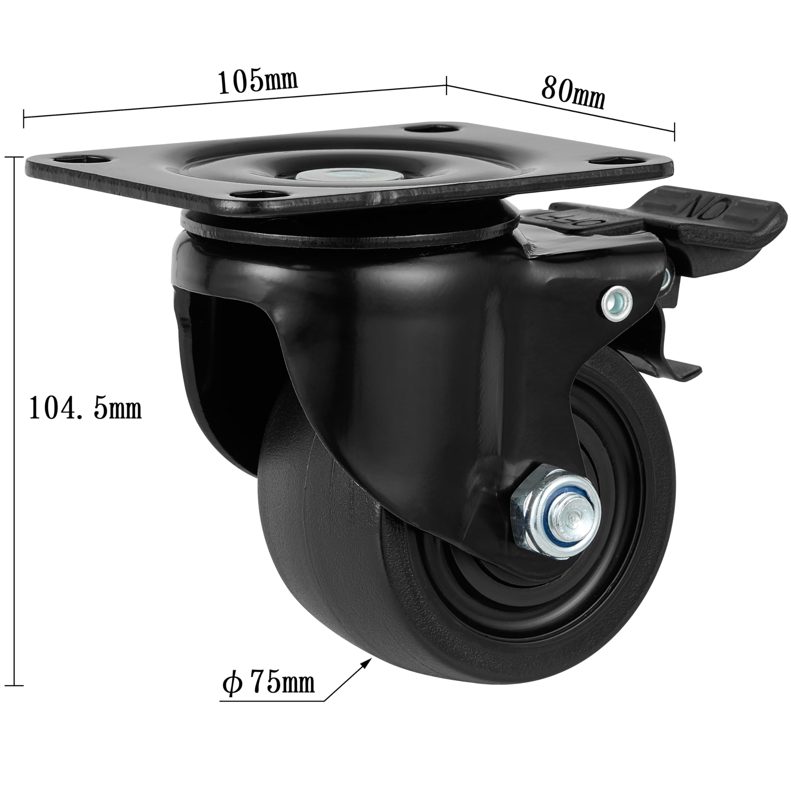 Finnhomy Set di 4 ruote girevoli da 7,6 cm, resistenti, con piastra a basso profilo, con freno, in nylon solido di alta qualità, 2 kg, anti-usura, bloccabili, per mobili, robuste per cassetta degli