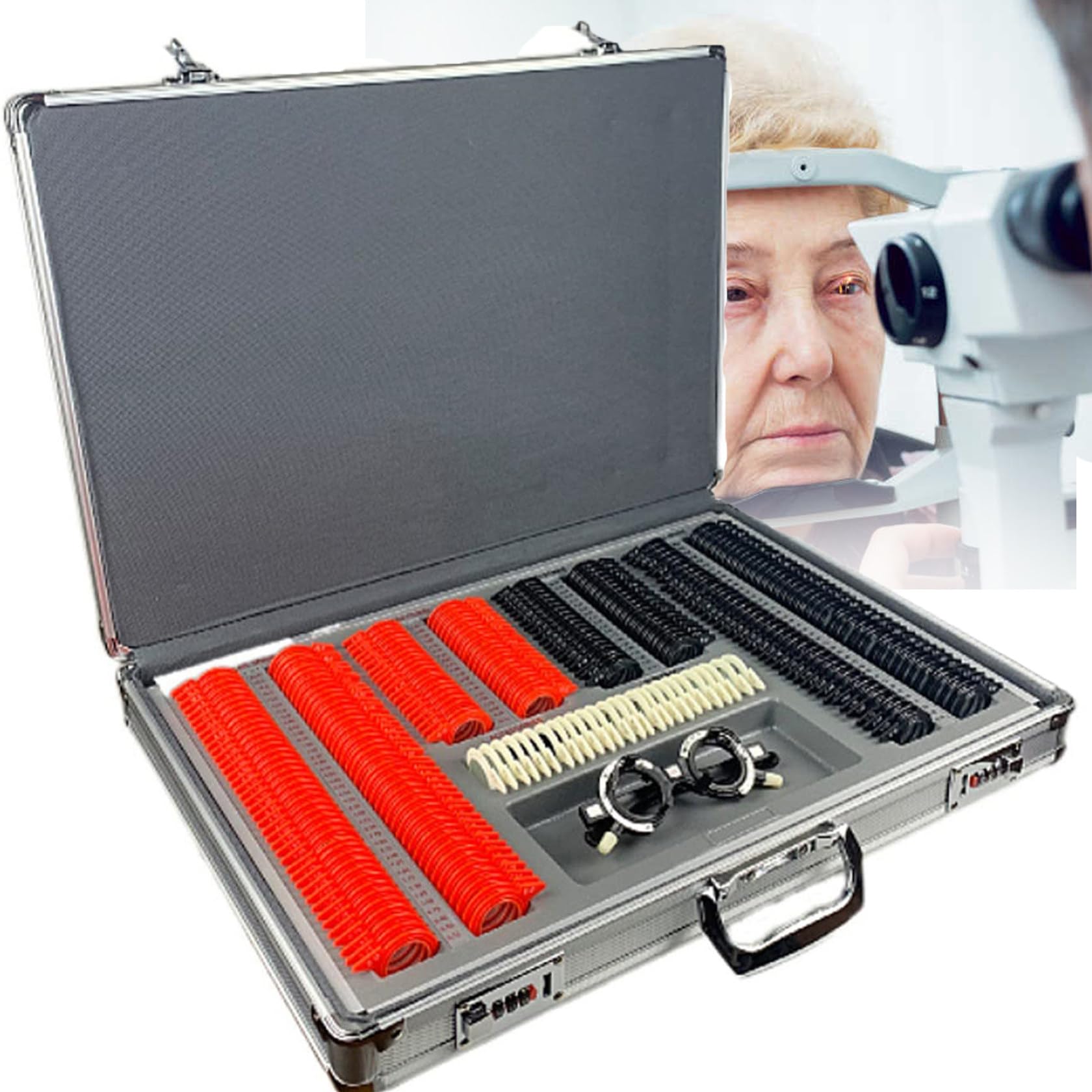 ZUMAHA 266PCS Optical Trial Lens Set, Lens Optometry Box Trial Equipment Eye Protection Accessories, 26 MM Aperture, Plastic Frame Aluminum Box + Trial Frame