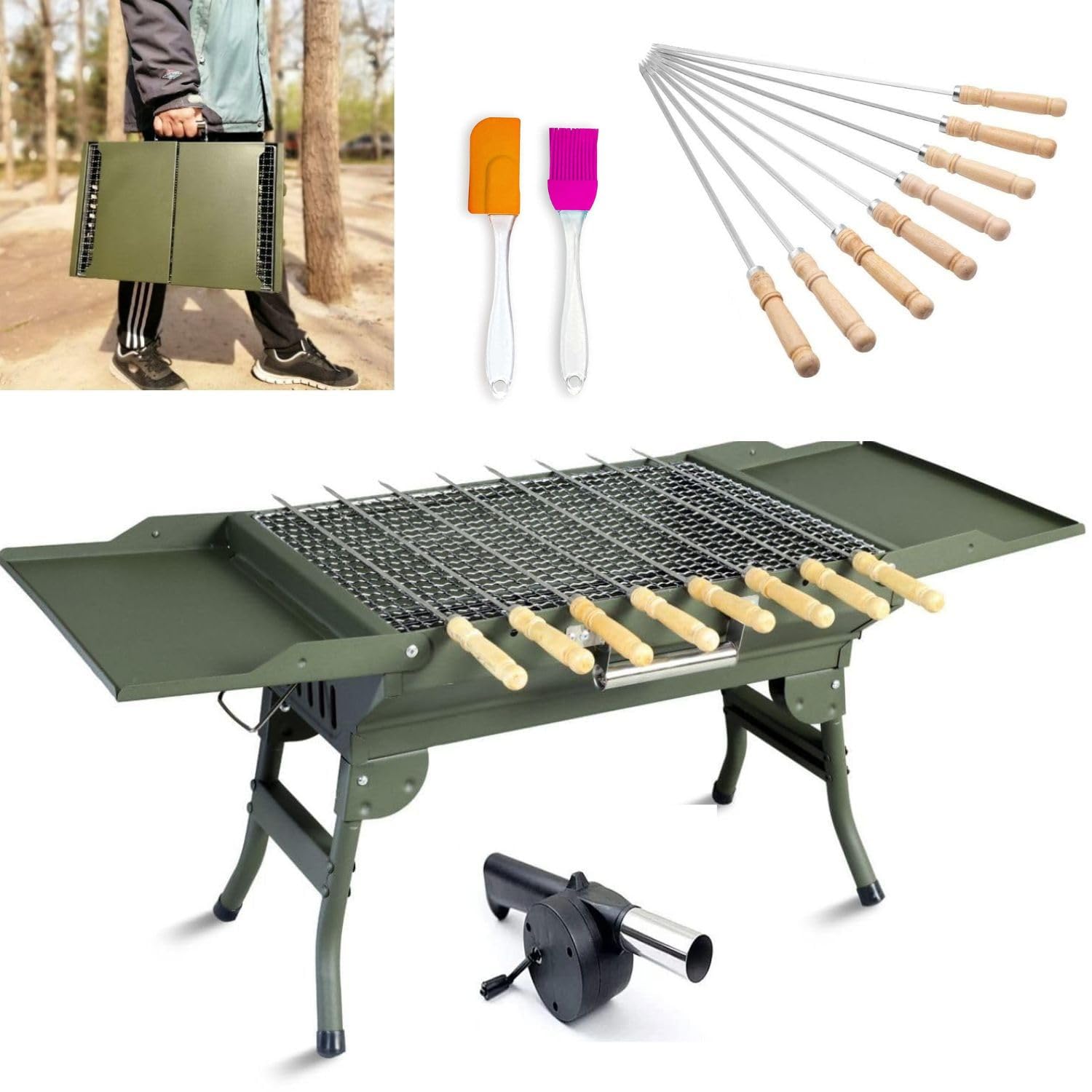 SKYLIGHT Charcoal Barbeque Grill with 8 Skewers for Free Standing BBQ Griller Portable Tandoori Grill Chicken Home Picnics Traveling Outdoor Living Foldable Briefcase Barbecues