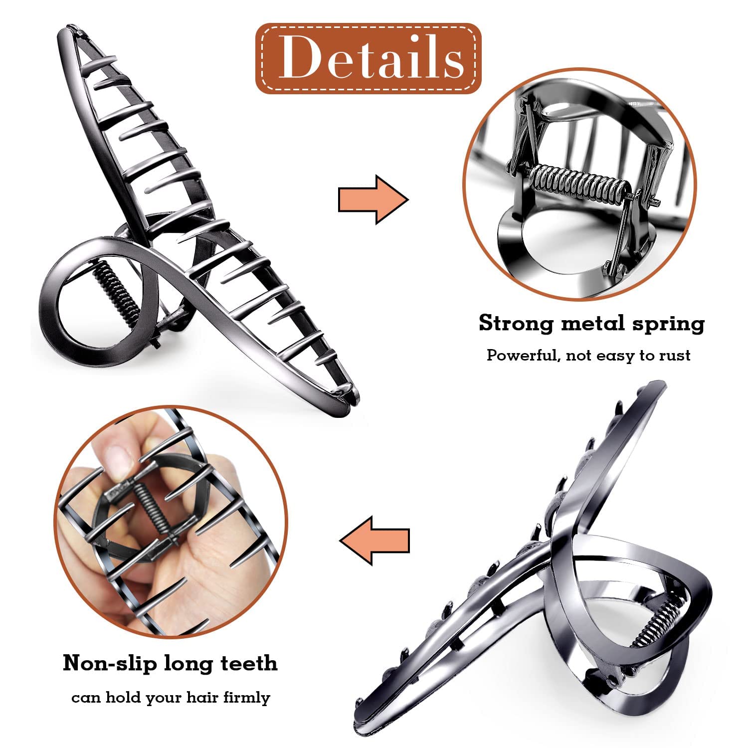 AIBEE Pinzas de metal grandes para el cabello, elegantes pinzas de mariposa para cabello grueso y fino, paquete de 4 pinzas largas para mujer (negro metálico)
