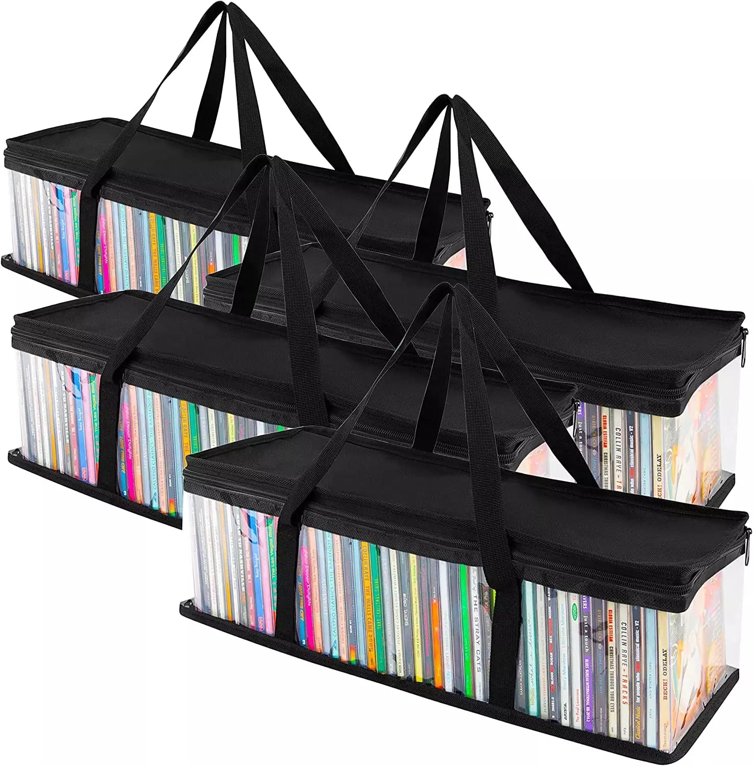 Lot de 4 | Sac de rangement portable pour CD - Housse transparente avec fermeture éclair - Support de protection contre la poussière - Pour disques de voiture / PC / Xbox / PlayStation - Poignées de