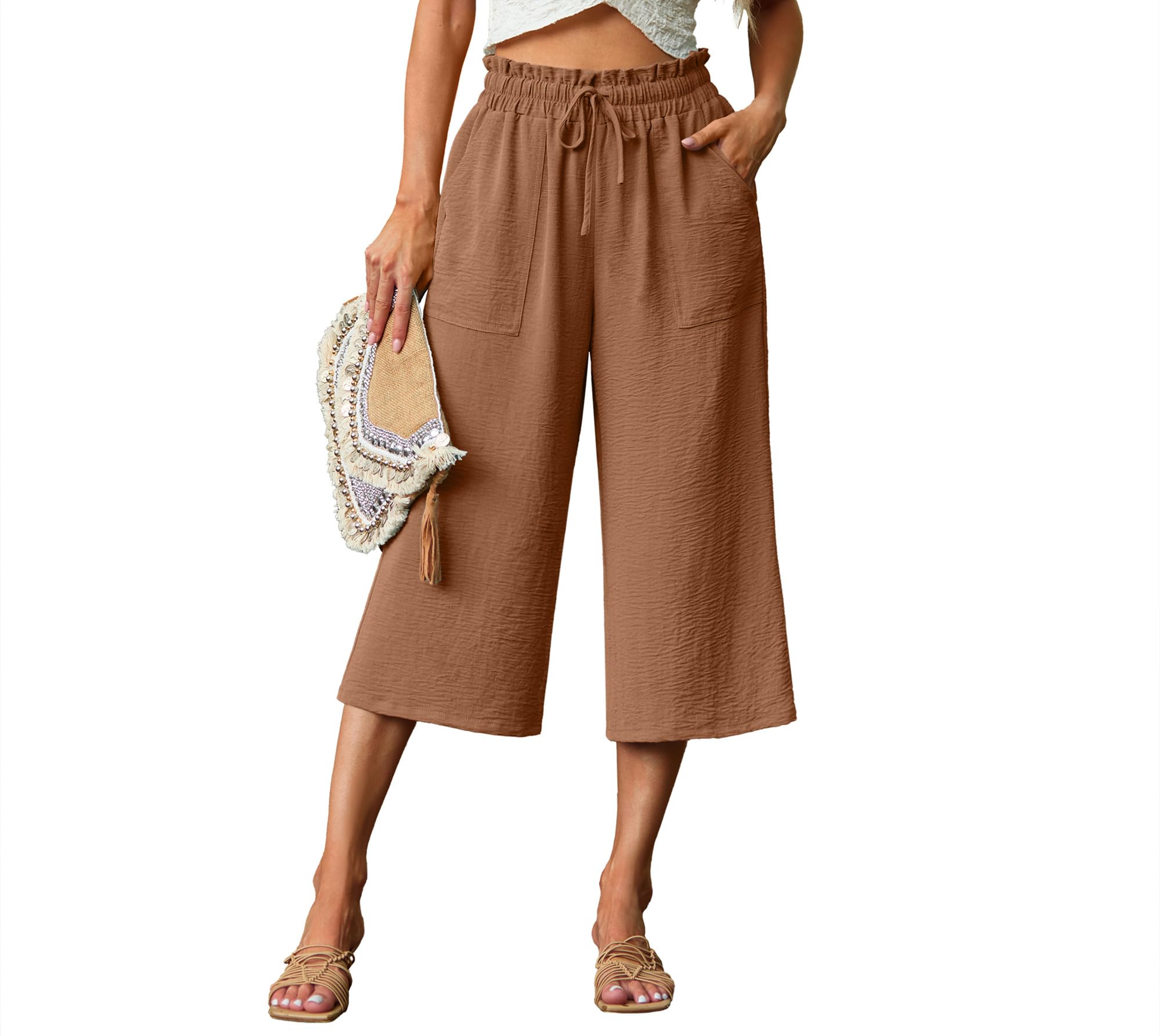 Lepunuo Women's Wide Leg Capri Pants High Waisted Palazzo Pants Adjustable Casual Tie Knot Pants with Pockets