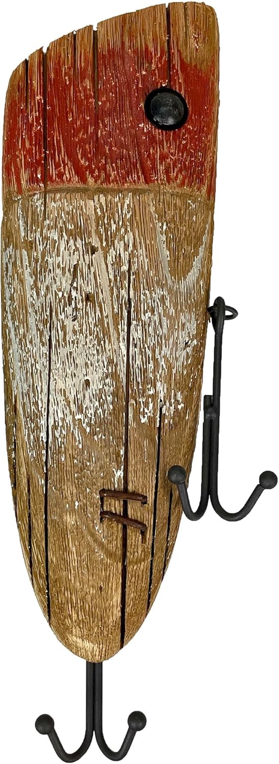 Rustic Wooden Fishing Lure Wall Hook – Distressed Wood & Metal Double Hooks, 14 Inch Coastal Nautical Decor, Entryway Key Hat Leash Holder, Cabin Lake House Farmhouse Wall Mounted Organizer