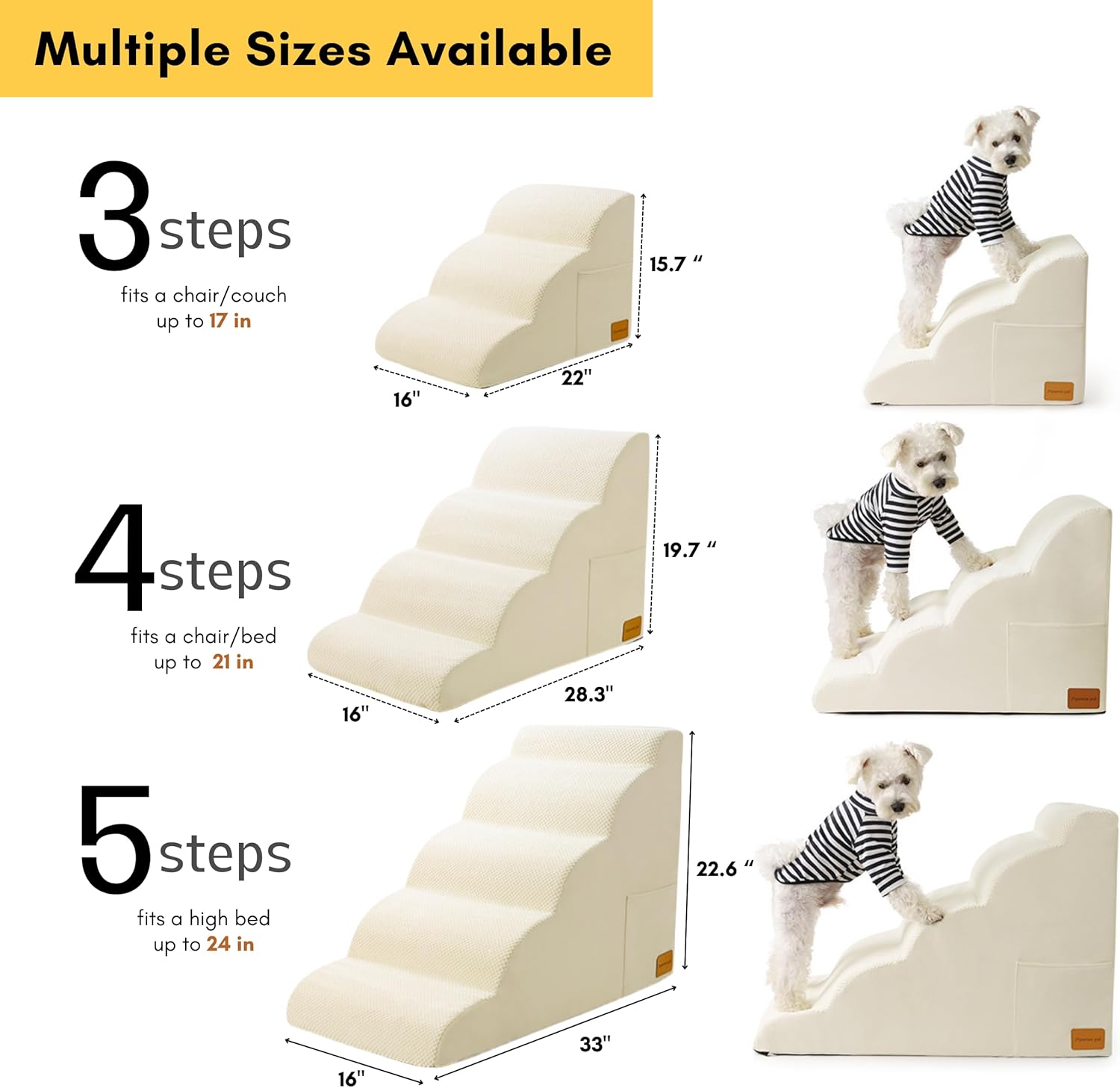 review Dog Stairs for Small Dogs, JYpawsiepal High Density Foam Dog Stairs Step Ramp for Dogs Cats 5 Tiers Pet Stairs Step Ramp for Beds Furniture Non-Slip Pet Step,White,5 Steps
