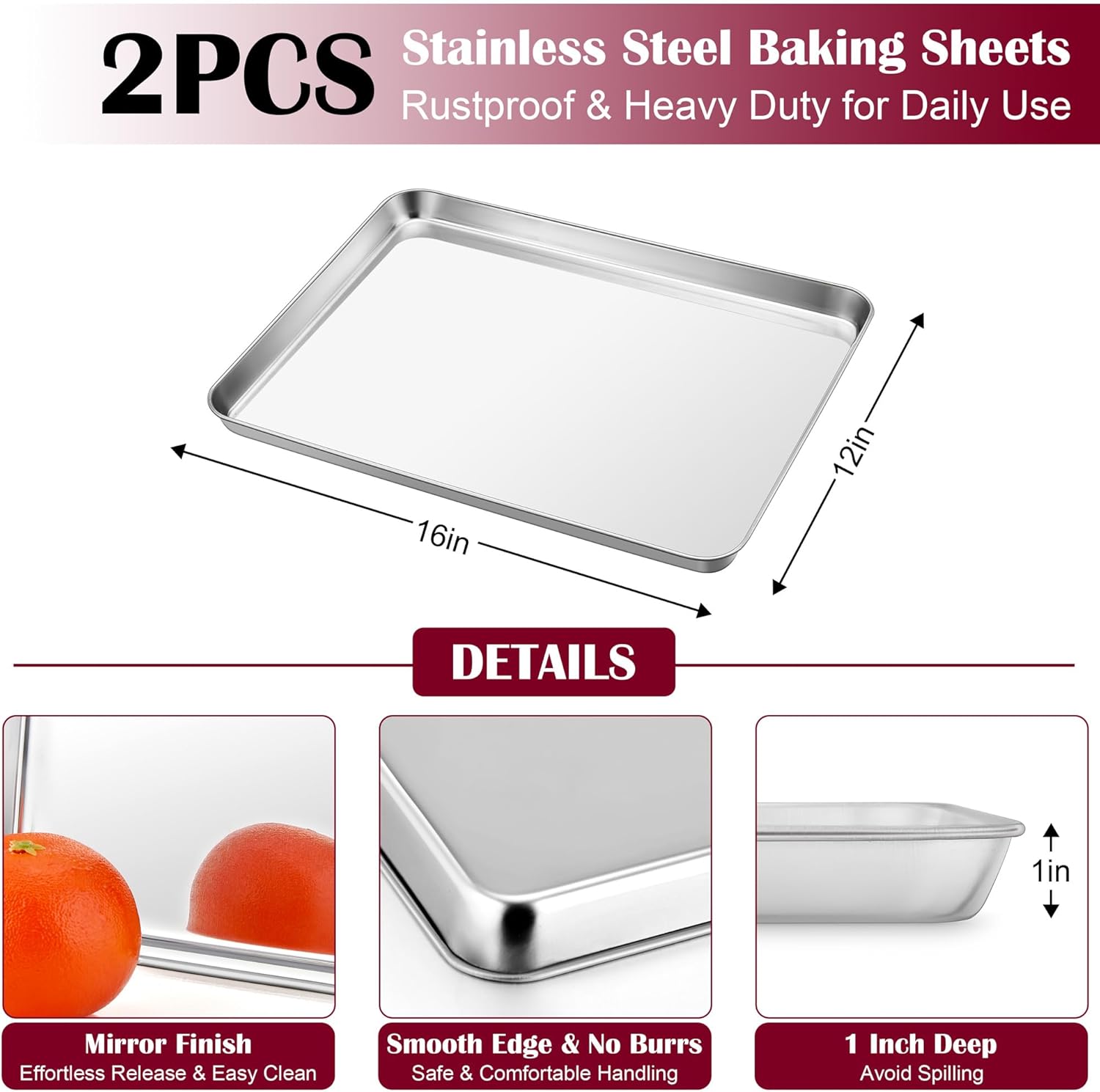 E-far Baking Sheet with Wire Rack (2 Pans + 2 Racks), Stainless Steel Cookie Sheets Pan & Cooling Rack for Baking Cookies/Jelly Rolls, Non Toxic & Heavy Duty, Oven & Dishwasher Safe, 16 x 12 x 1 Inch - Image 2