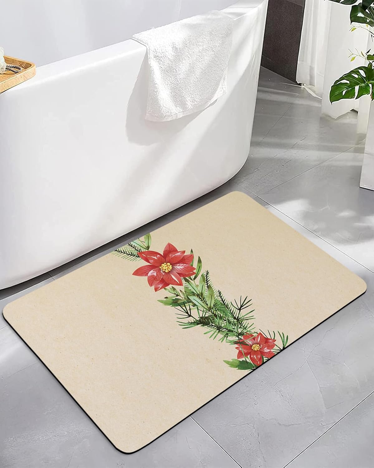 ALAGEO Christmas Bath Mat Poinsettia Holly Leaves Bath Rug