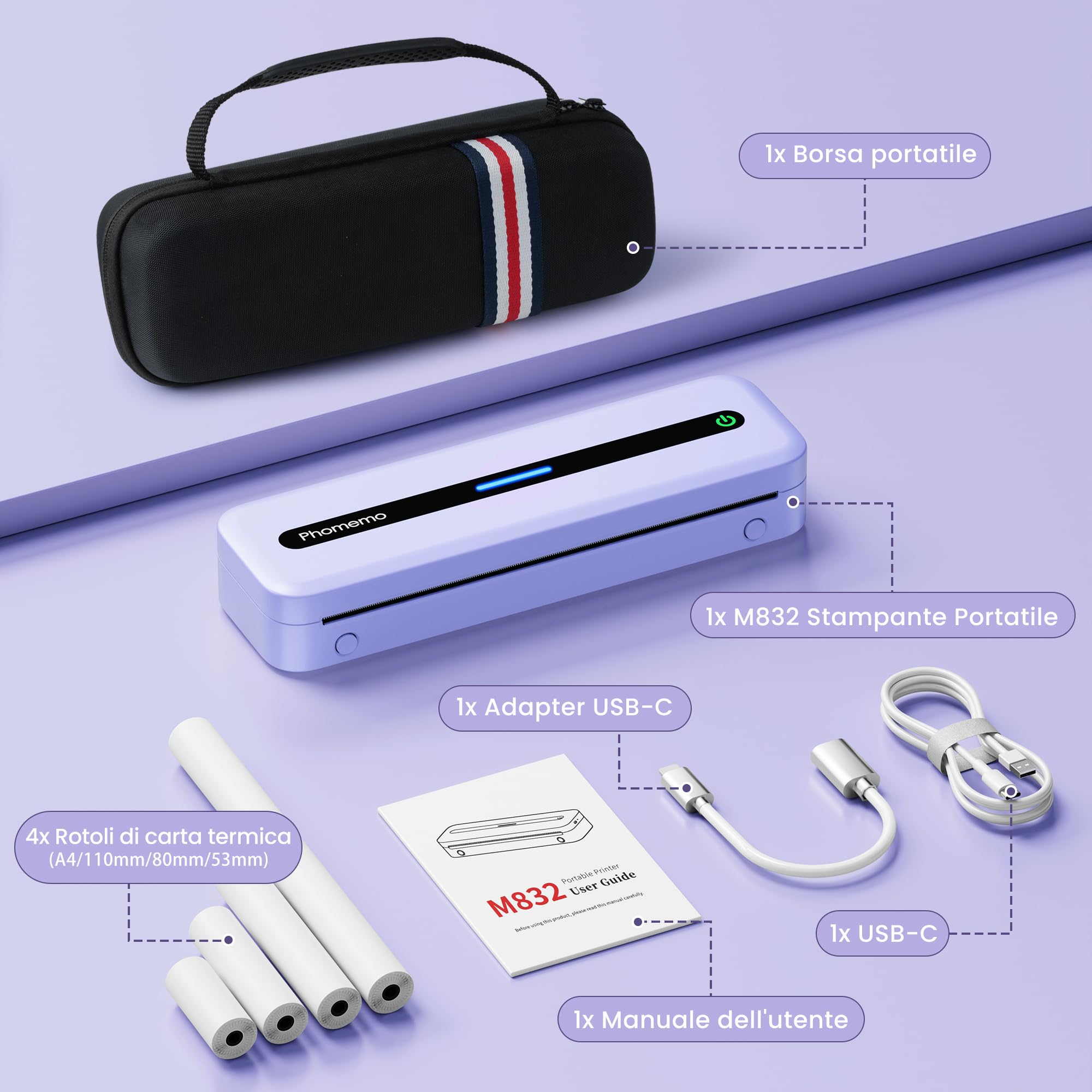 Phomemo M832 Stampante Termica Portatile A4, Senza Inchiostro, 300 DPI, 4 Rotoli di Carta Termica, Compatibile con Android & iOS, Custodia Inclusa