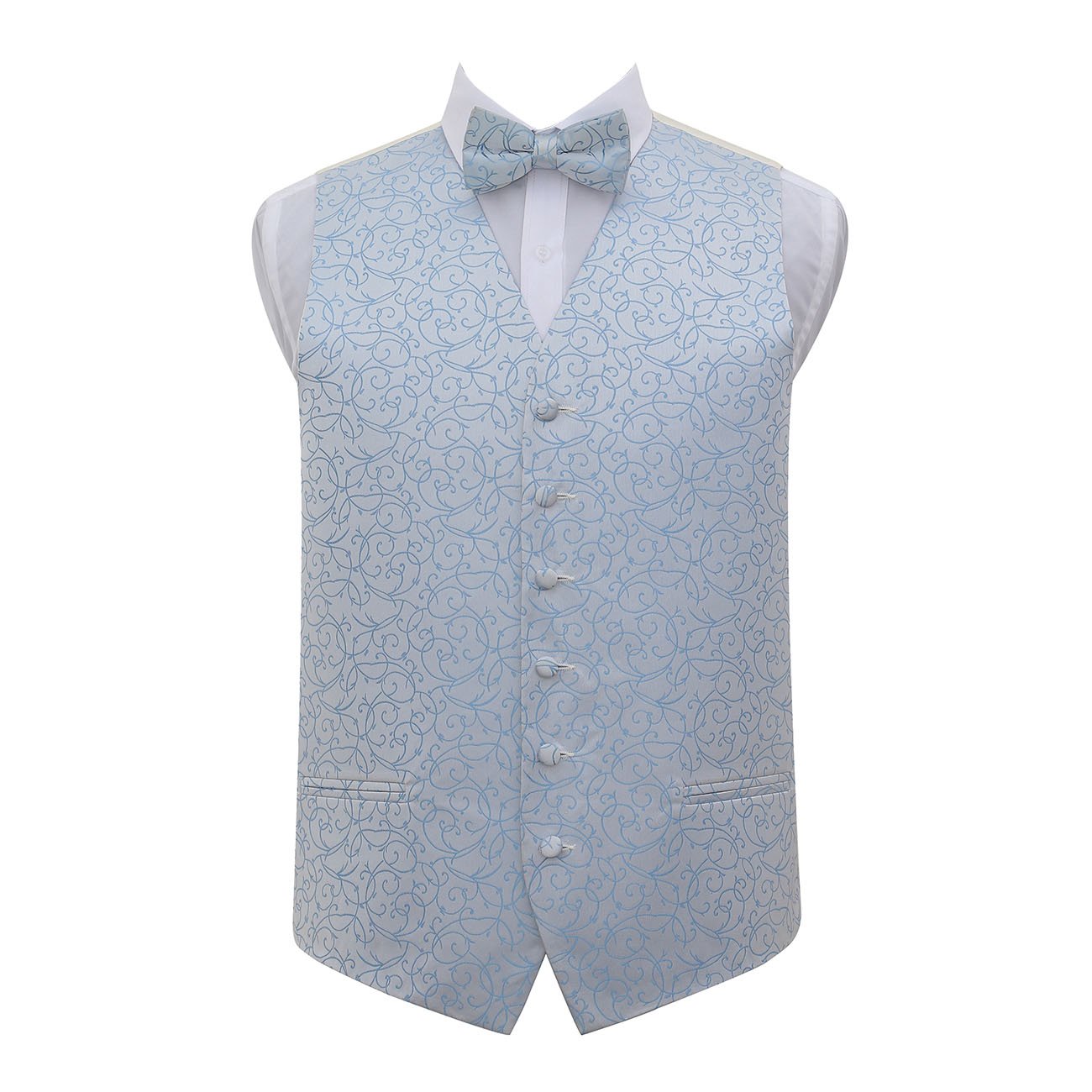 Dqt Men's Baby Blue Swirl Floral Jacquard Waistcoat, Bow Tie, Pocket Square & Cufflinks Set (4Pc) - Pre-Tied Wedding, Business & Formal - 36" (S)
