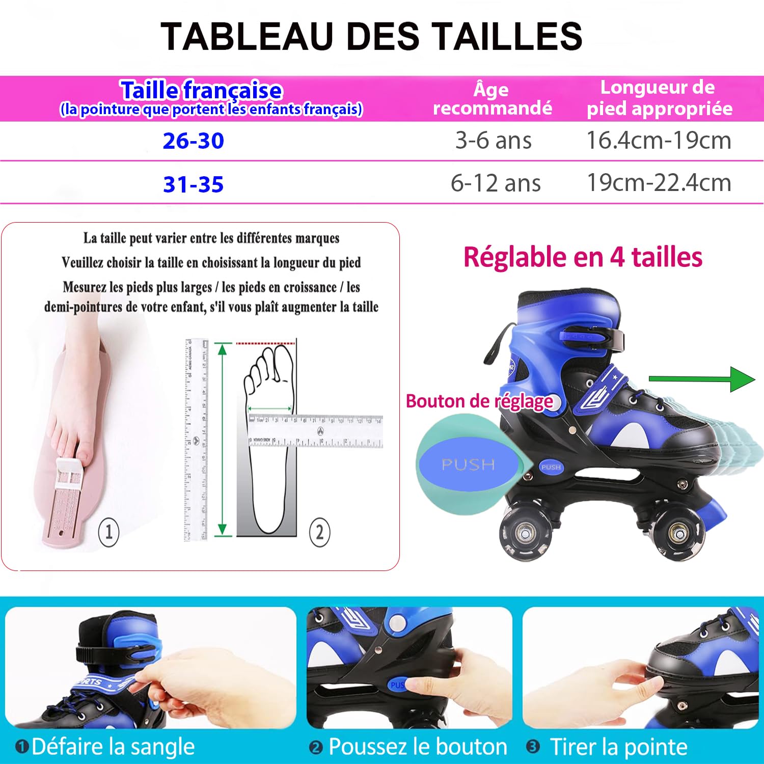 Patins à roulettes pour Enfants Filles: Roller Enfant Fille, Rollers Quad avec 4 Taille Réglable, 8 Roues Lumineuses, Maille Respirante - Rose