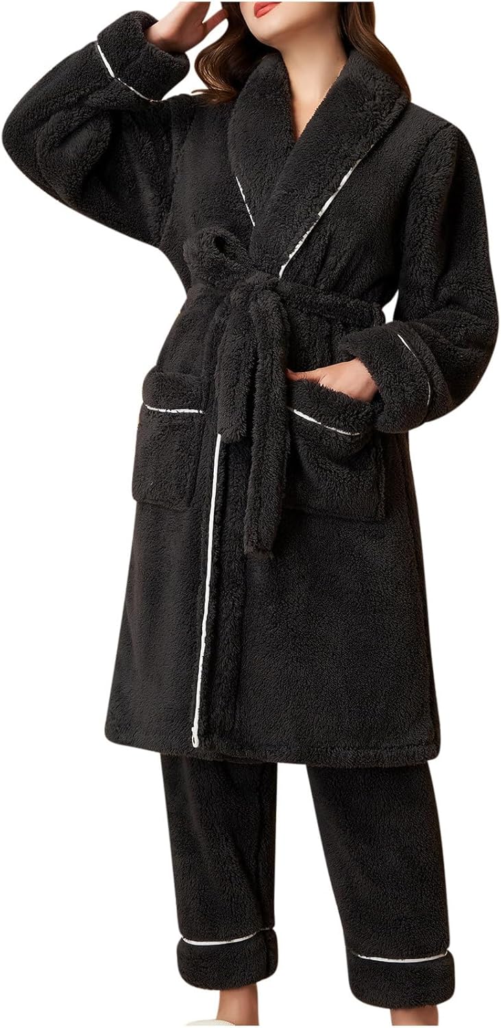 Women Fluffy Pajamas Set Fleece Lounge Sets Nightgown with Belt Pants Loungewear Sleepwear Winter Warm 2 Piece Outfit
