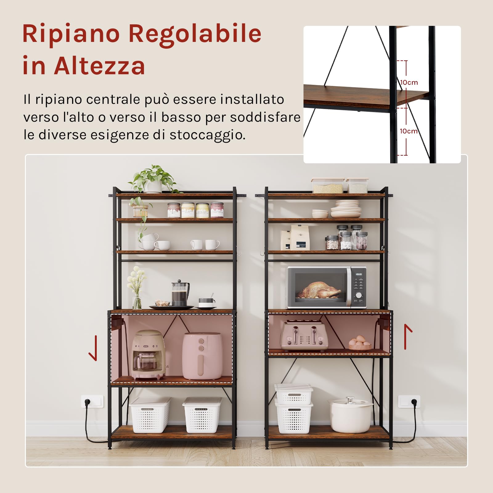 WOLTU Scaffale da Cucina a 6 Livelli con Prese di Corrente, Scaffale per Microonde con Struttura in Metallo e Piano di Lavoro Aperto, Nero+Marrone Rustico, 80x39,5x167cm