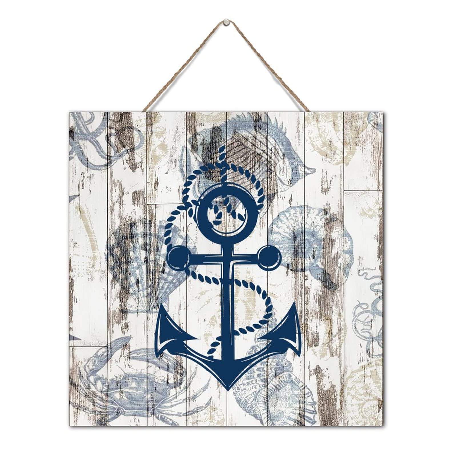 Ancre nautique plaque bois deco murale maison bord de mer 30x30cm