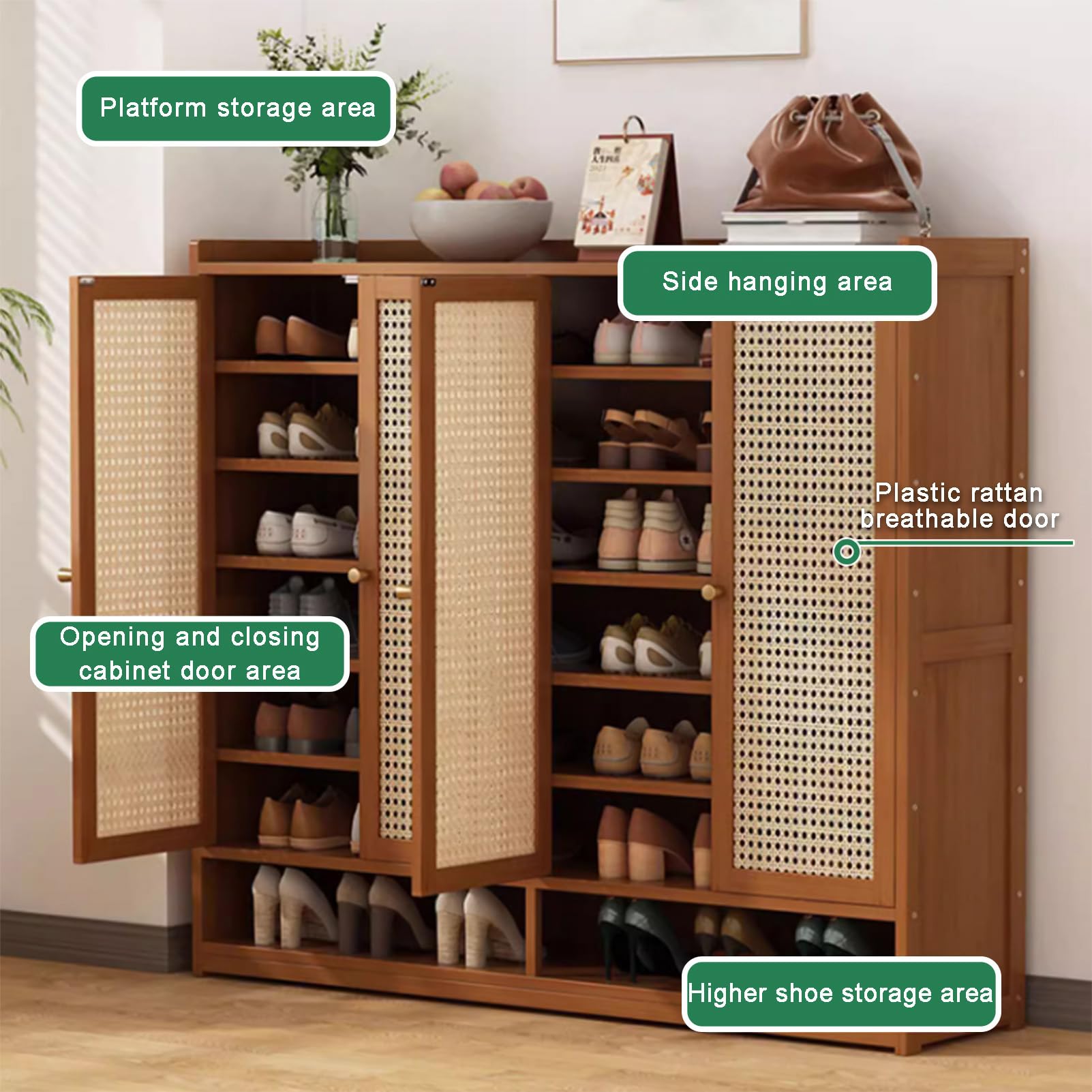 Scarpiera in bambù con 7/8 ripiani e ante in rattan, scarpa autoportante per ingresso e soggiorno, elegante soluzione per riporre scarpe e accessori