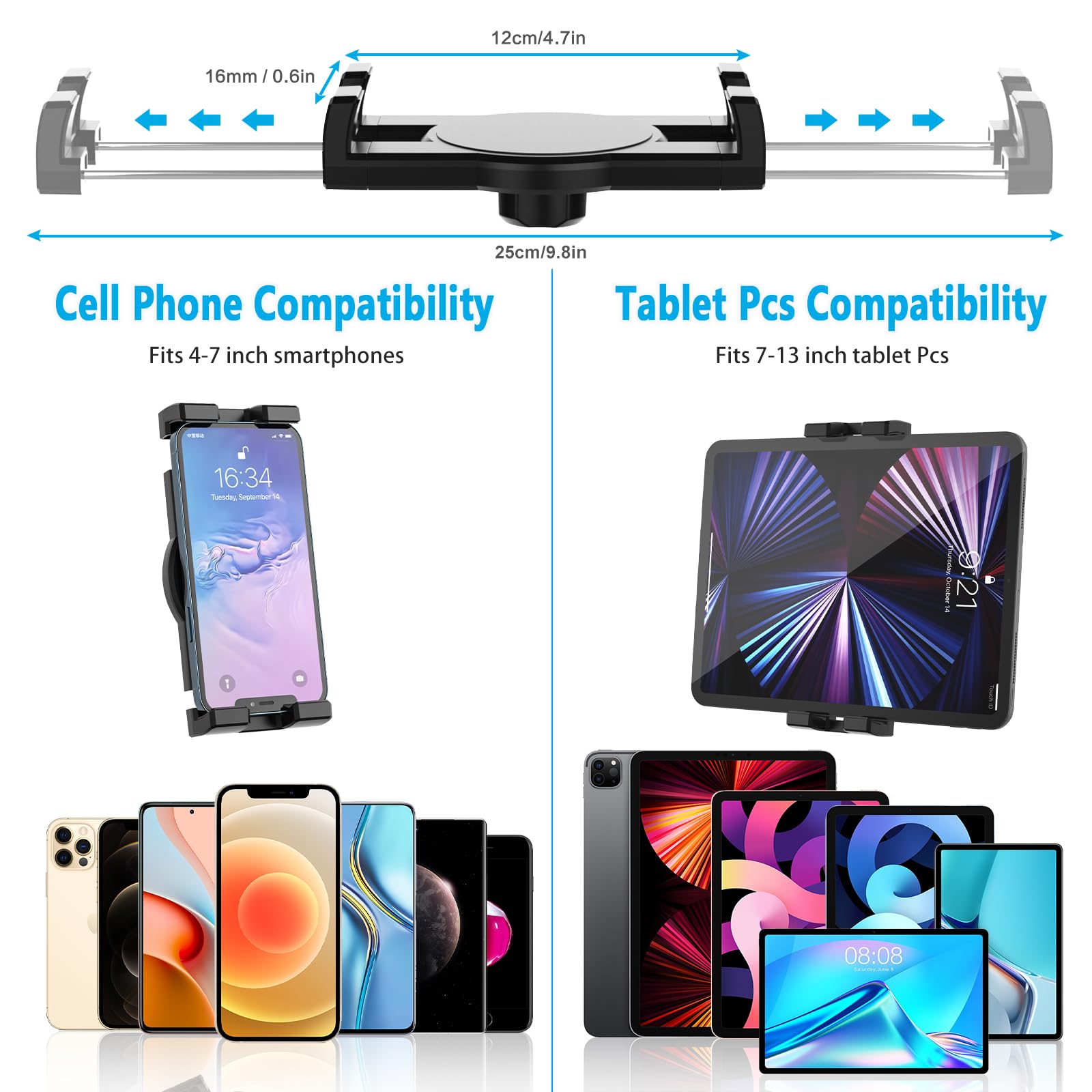 Oilcan Porta Tablet Coche Portavasos, Soporte Tablet Coche Taza con Brazo Regulable en Altura, Car Cup Holder Mount para iPad Pro Air Mini, Galaxy, Lenovo, Huawei, iPhone, Móvils y Tabletas 4~12,9"
