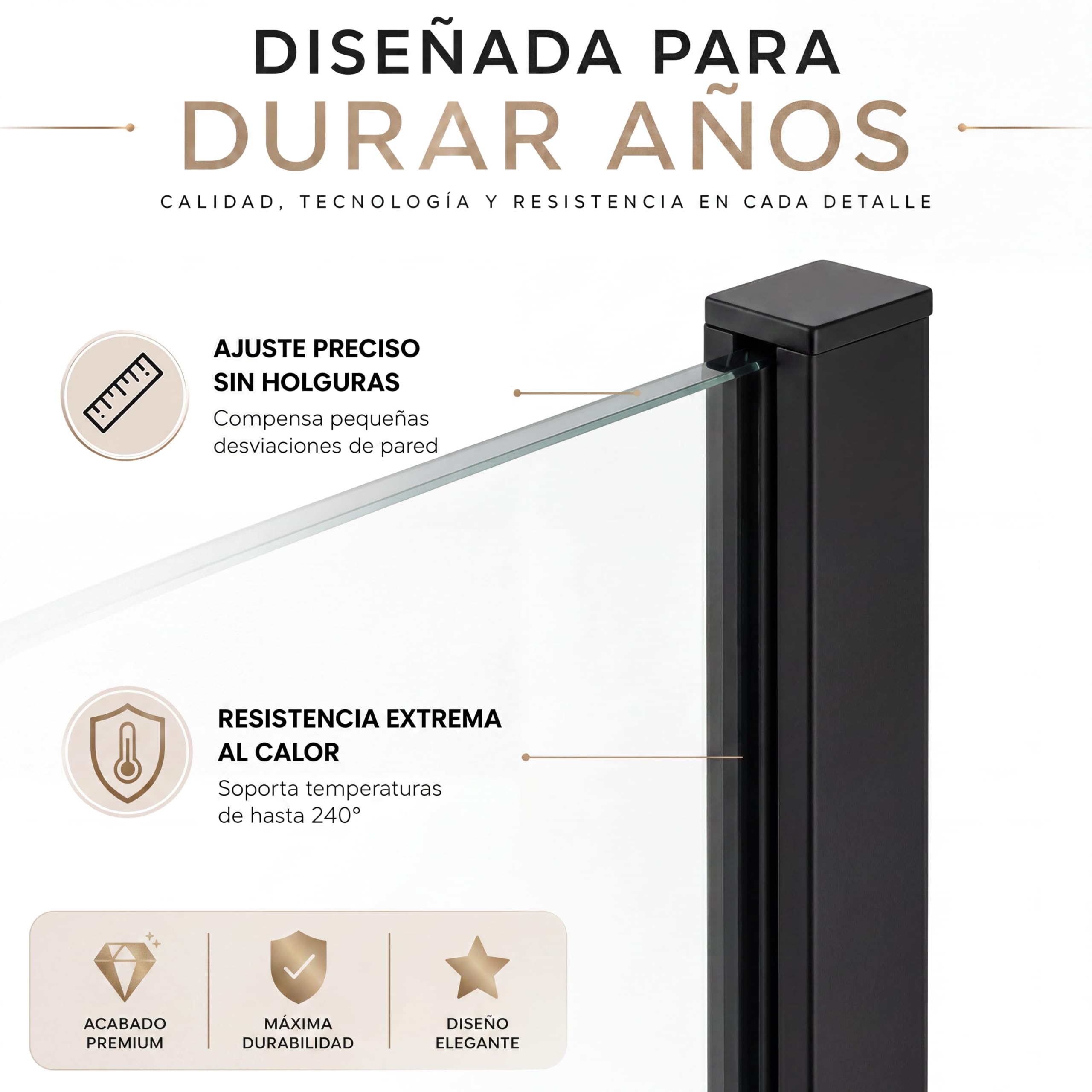 Mampara Ducha Fija - Mamparas de Ducha Fija con Cristal Templado 8 mm – Cristal Transparente con Tratamiento Antical - Perfilería Negro Mate – 88 a 90 cm (Ancho Adaptable) x 200 cm (Alto)