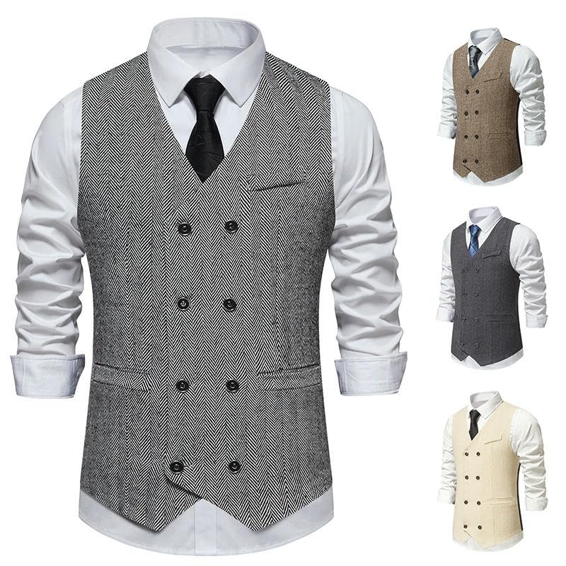Men’s Double Breasted Tweed Suit Vest Herringbone Vintage Waistcoat for Wedding Business Party Fall or Winter Outfit3