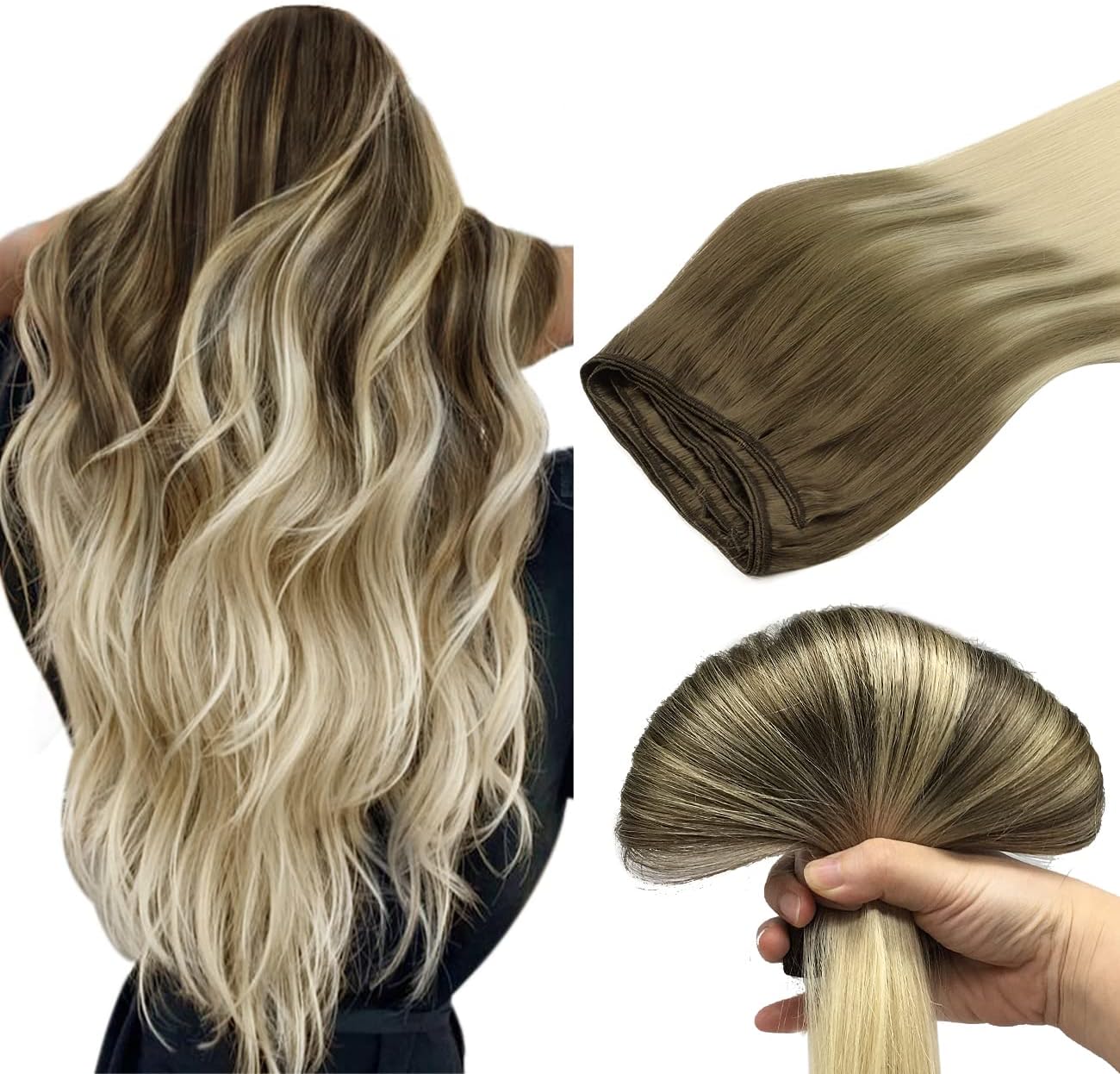 DOORESWeft Hair Extensions Human Hair, 20 Inch 100g Ash Brown to Platinum Blonde, Sew in Hair Extensions Real Human Hair Weft Extensions Sew in Hair Bundles Double Weft