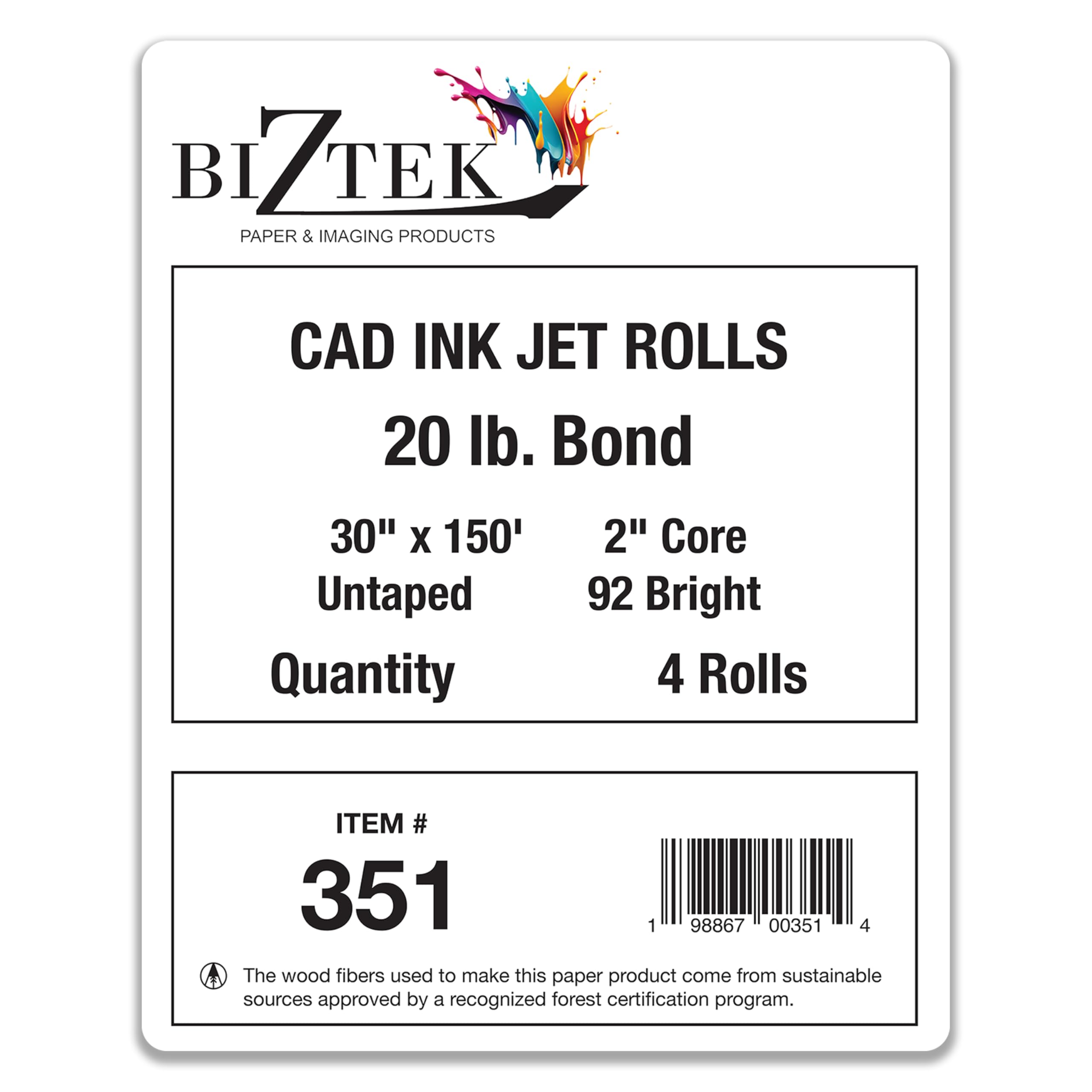 Szerokoformatowe rolki papieru CAD Bond 76 cm szerokości (4 rolki, 30 cali x 150 stóp | rdzeń 5 cm)
