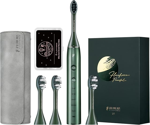 Electric Toothbrush, Rechargeable, Rotating Toothbrush, Soft Bristles, 360° Teeth Cleaning, Gum Protection, 5 Modes, with 4 Replacement Heads, Floss and Carrying Case Set, U1 (Green)