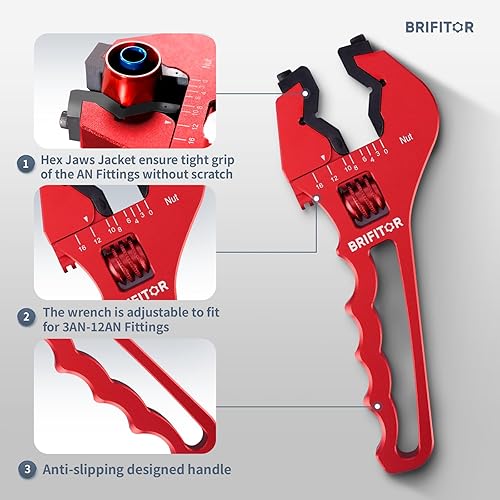 Miniatura 5 de BRIFITOR Llave de montaje de manguera 3AN-12AN, llave AN ajustable para adaptadores de manguera, llave de aluminio ligera, color rojo. (con una caja