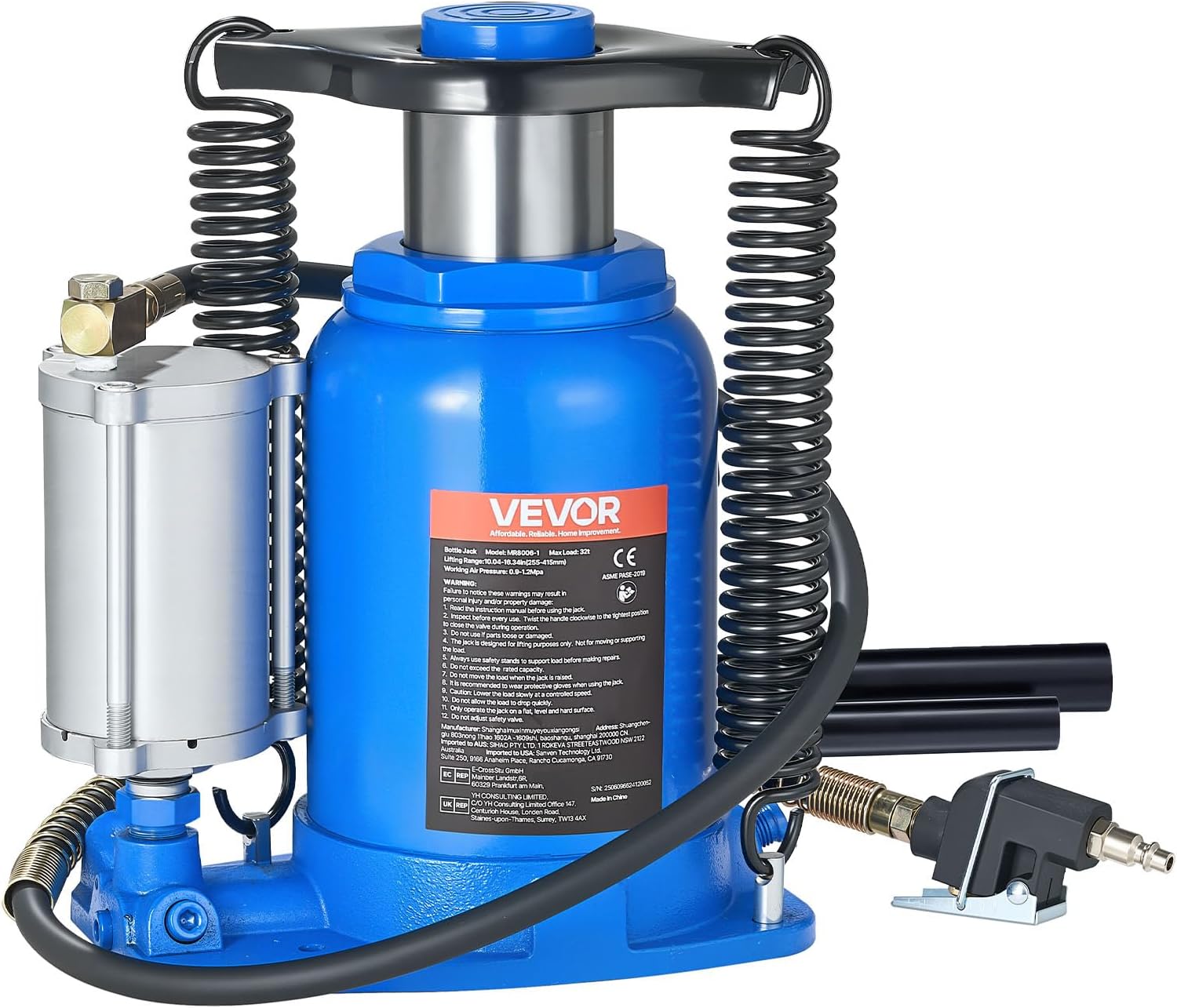 VEVOR Air Hydraulic Bottle Jack, 32 Ton/70500 LBS, Hydraulic Floor Car Jack with Manual Hand Pump, Heavy Duty Pneumatic Bottle Jack Hoist for Auto Truck Travel Trailer Repair Lift