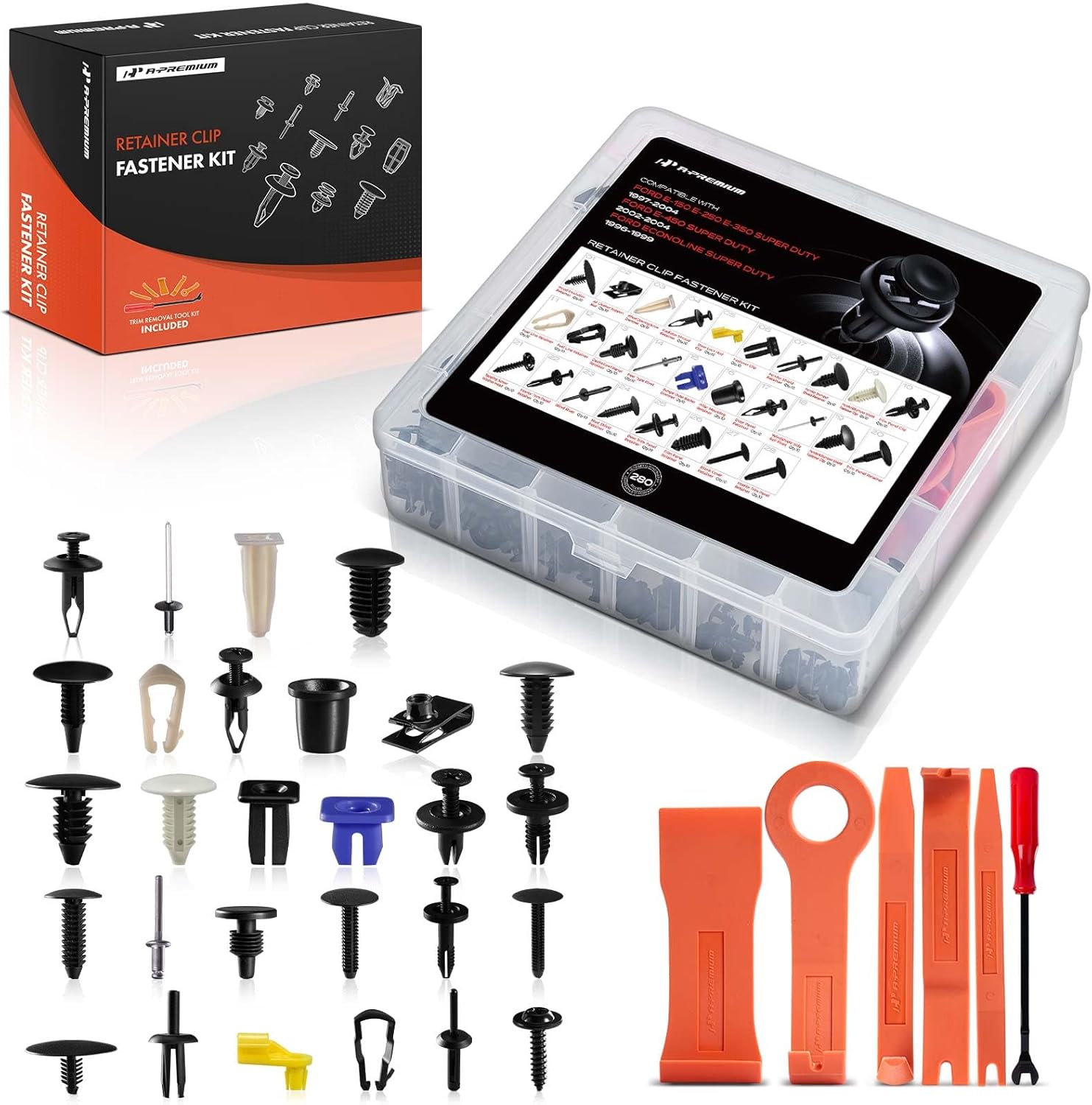 A-Premium 280 PCS 28 Sizes Car Retainer Clip Kit Compatible with Ford E-150 Club Wagon, E-250 Econoline, E-350 E-450 Super Duty, Auto Push Pin Plastic Rivet Fastener Replacement Set, w/Removal Tool