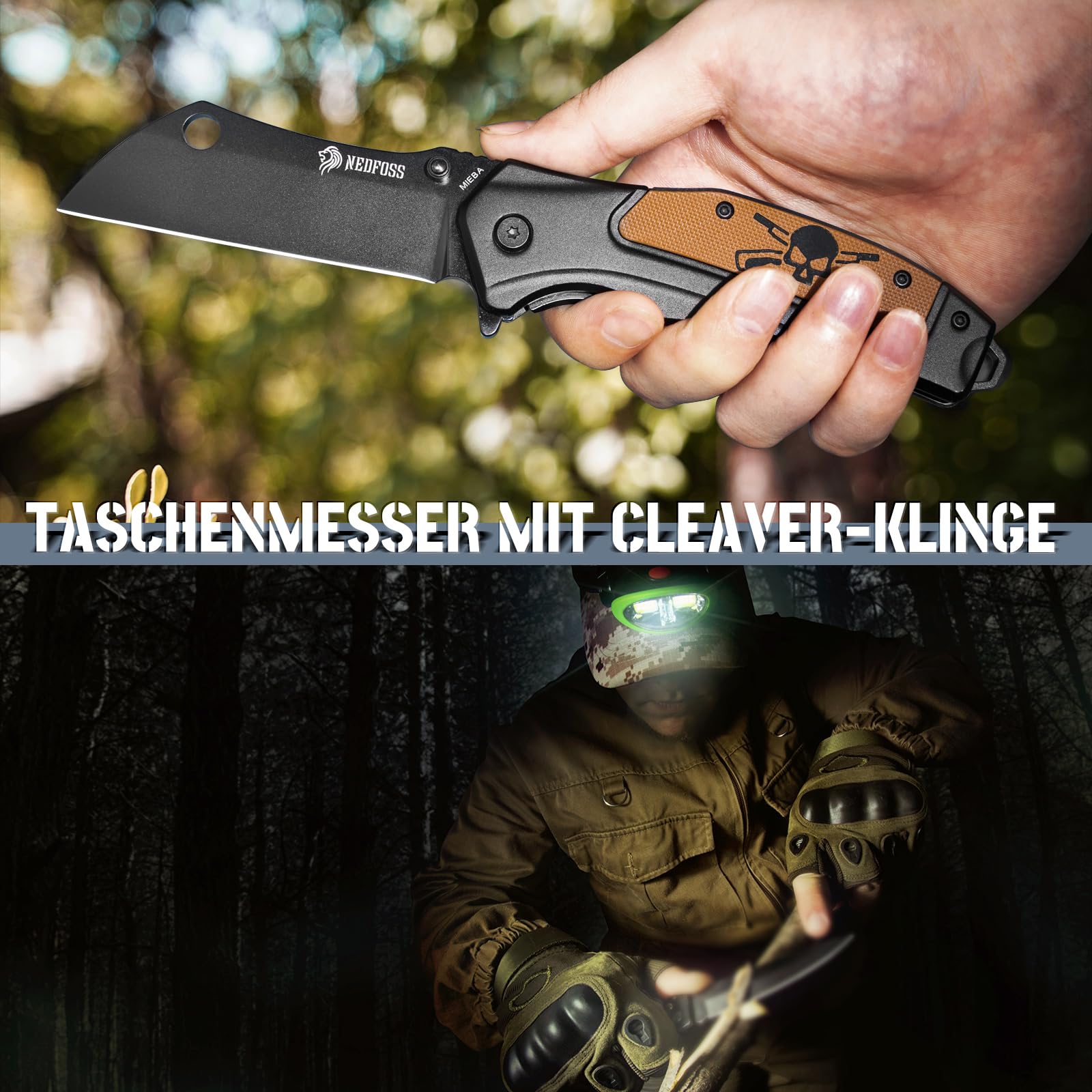 NedFoss MIEBA Klappmesser Outdoor, 8.5CM D2 Stahl Taschenmesser mit Cleaver-Klinge, Einhandmesser mit Scheide & totenkopf motiv, Outdoor Messer mit Clip, Survival Jagdmesser für Sammlung & Geschenke