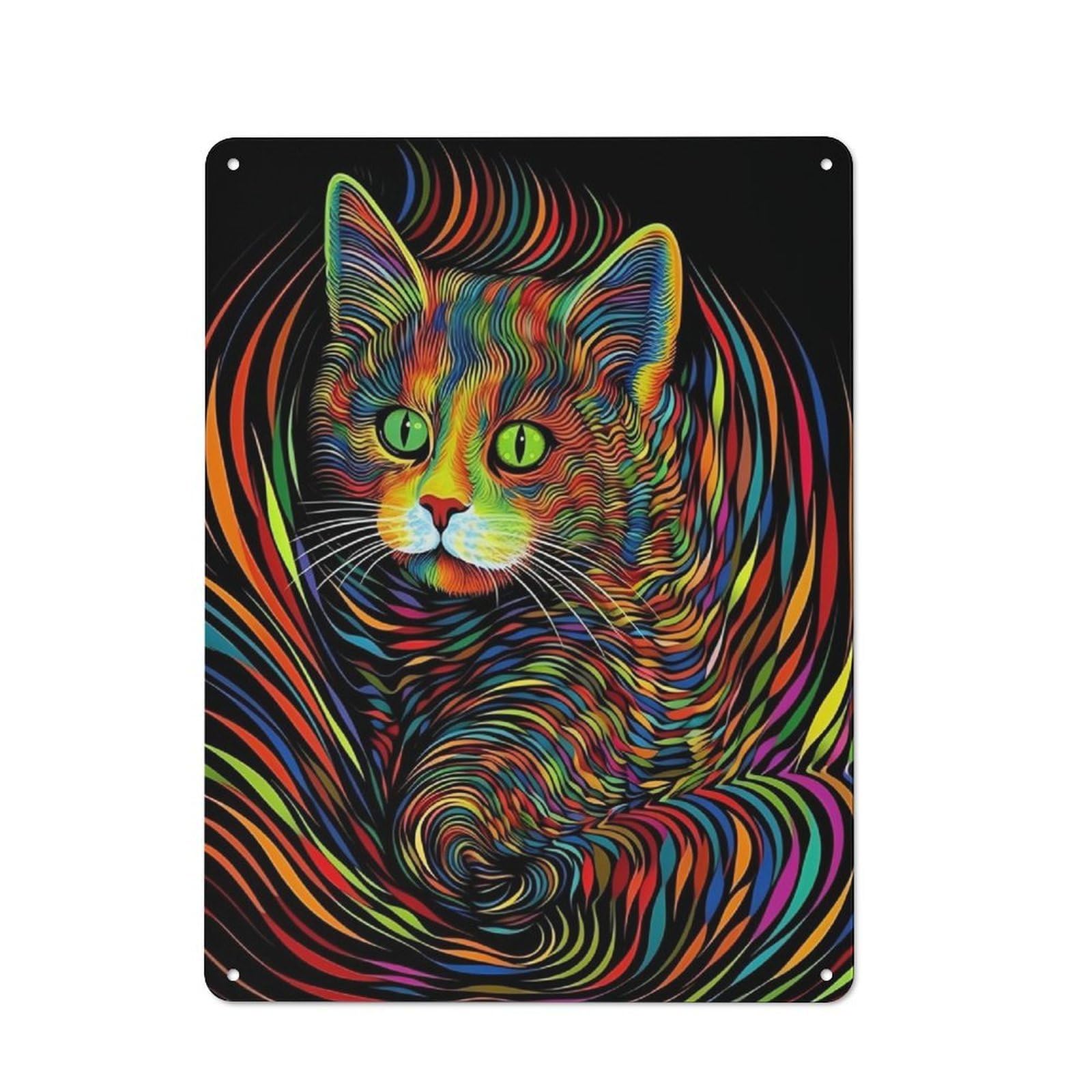 Junmoney Psychodelic Cat Tin Wall Plaque 40X30cm With For Home Office Or Studio, A New Home Present For Creative Workspace Decorators
