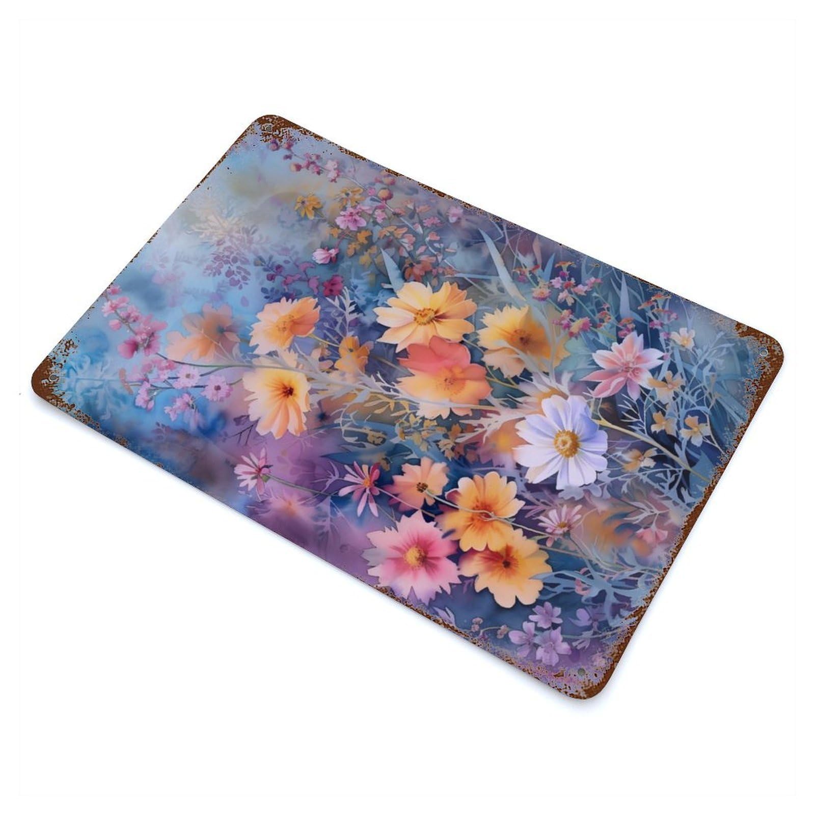 Watercolor Flowers Vintage Wall Sign 11.8"x7.9", Rust Effect Metal Decor for Basement, Hobby Room And Garage Decor