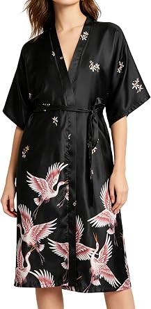 Women Long Kimono Robe Floral Satin Bath Robes for Bride Bridesmaids Soft Silky Dressing Gown with Crane Printed