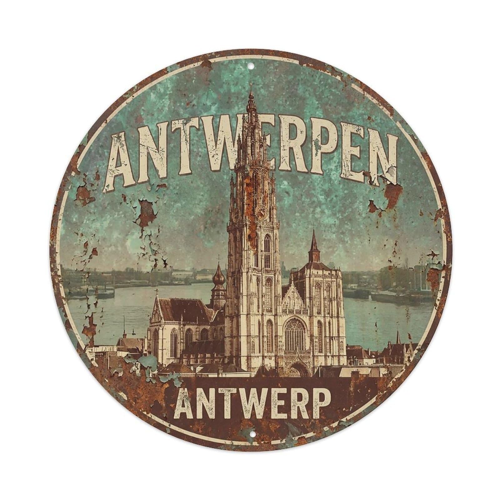 Belgium Vintage Travel Antwerp Vintage Metal Tin Sign Plaque Wall Decor for Cafe, Club Bar, Office, Garden Metal Poster 8x8Inch