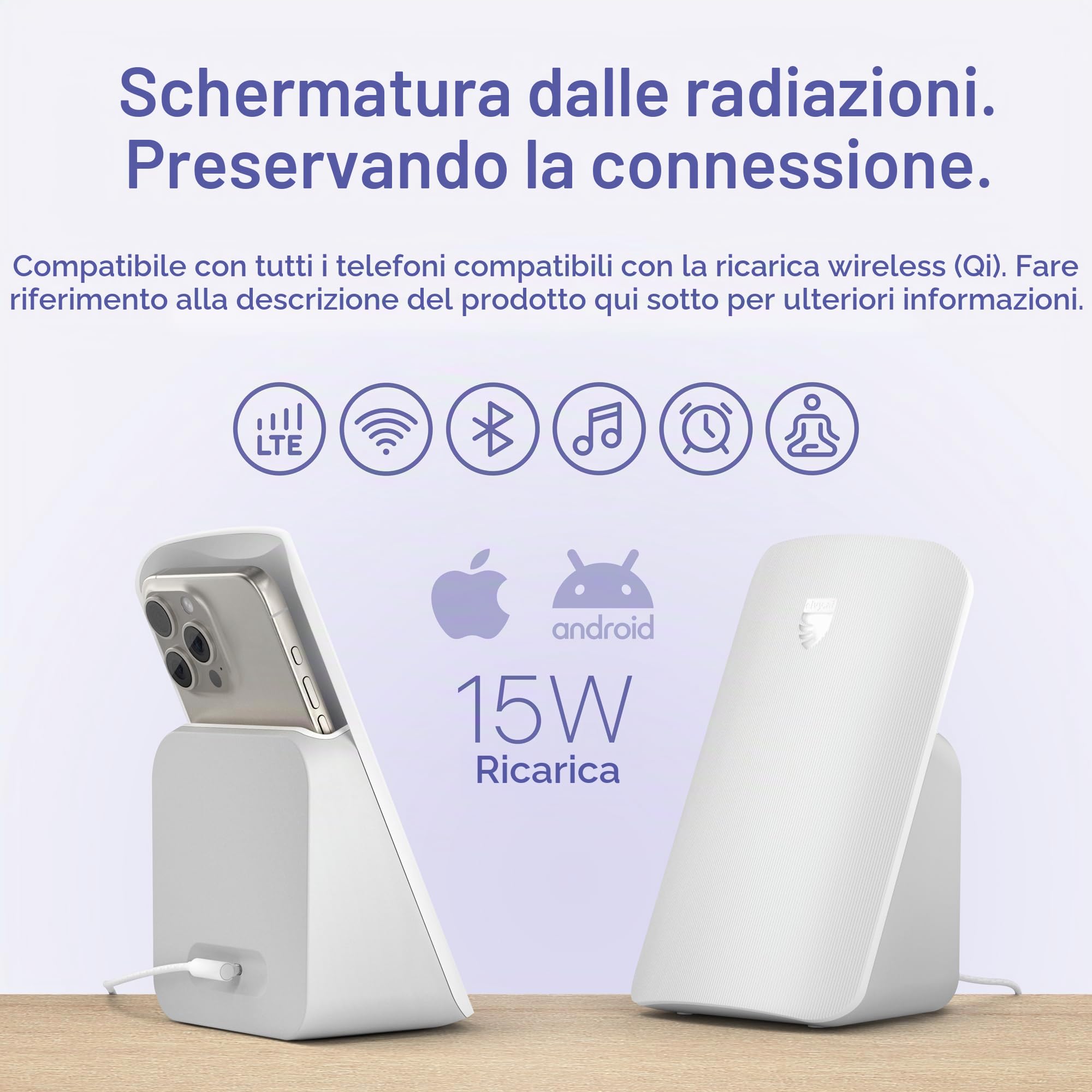 Elvy, caricabatterie wireless Qi veloce per telefoni cellulari, progettato con tecnologia di gestione EMF per una ricarica avanzata, schermatura ambientale avanzata (bianco neve)
