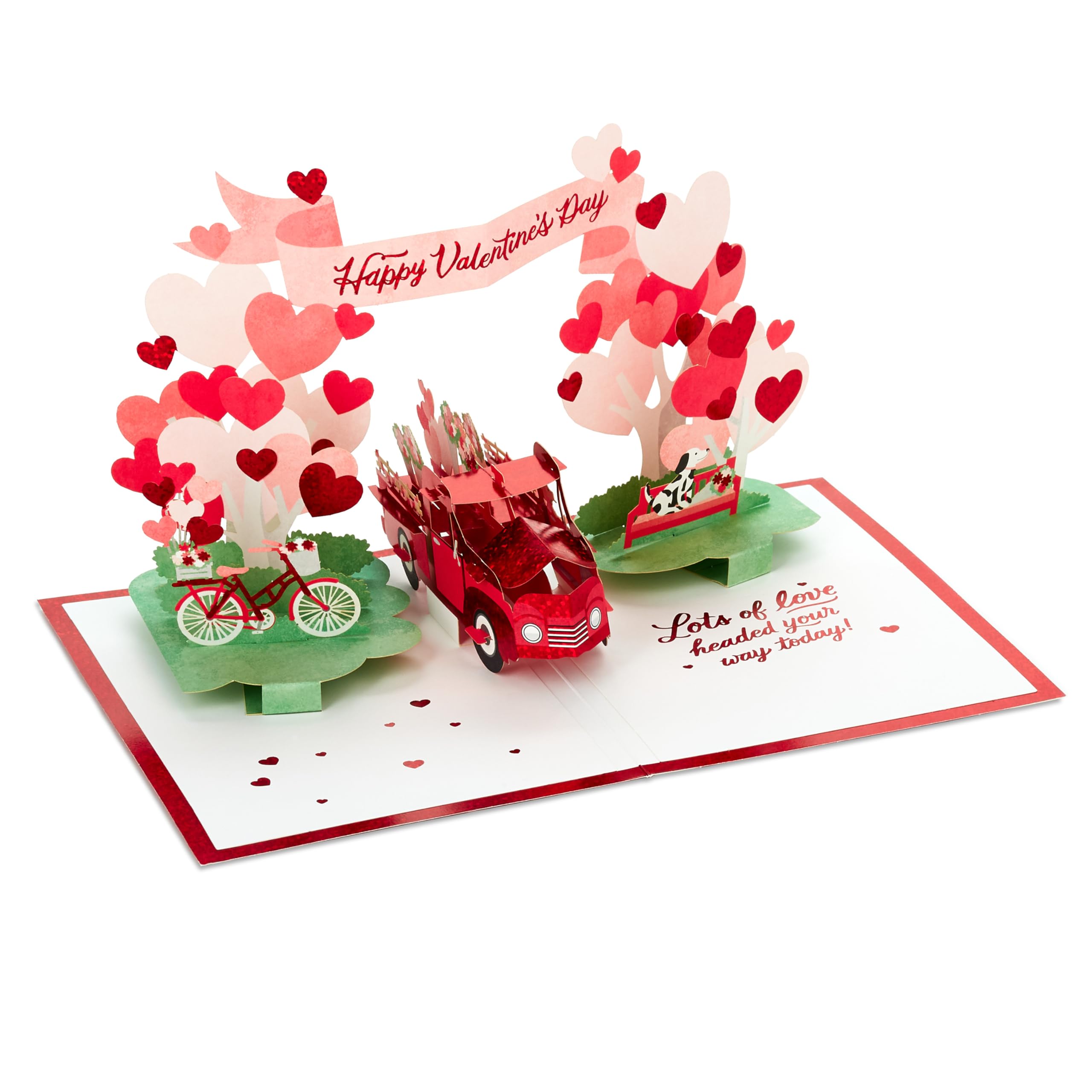 Hallmark Valentines Day Card, 3D & Pop Up, Red Truck, Dogs, Flowers, Archway, Red, White, Pink, 3D Truck Card - Image 2