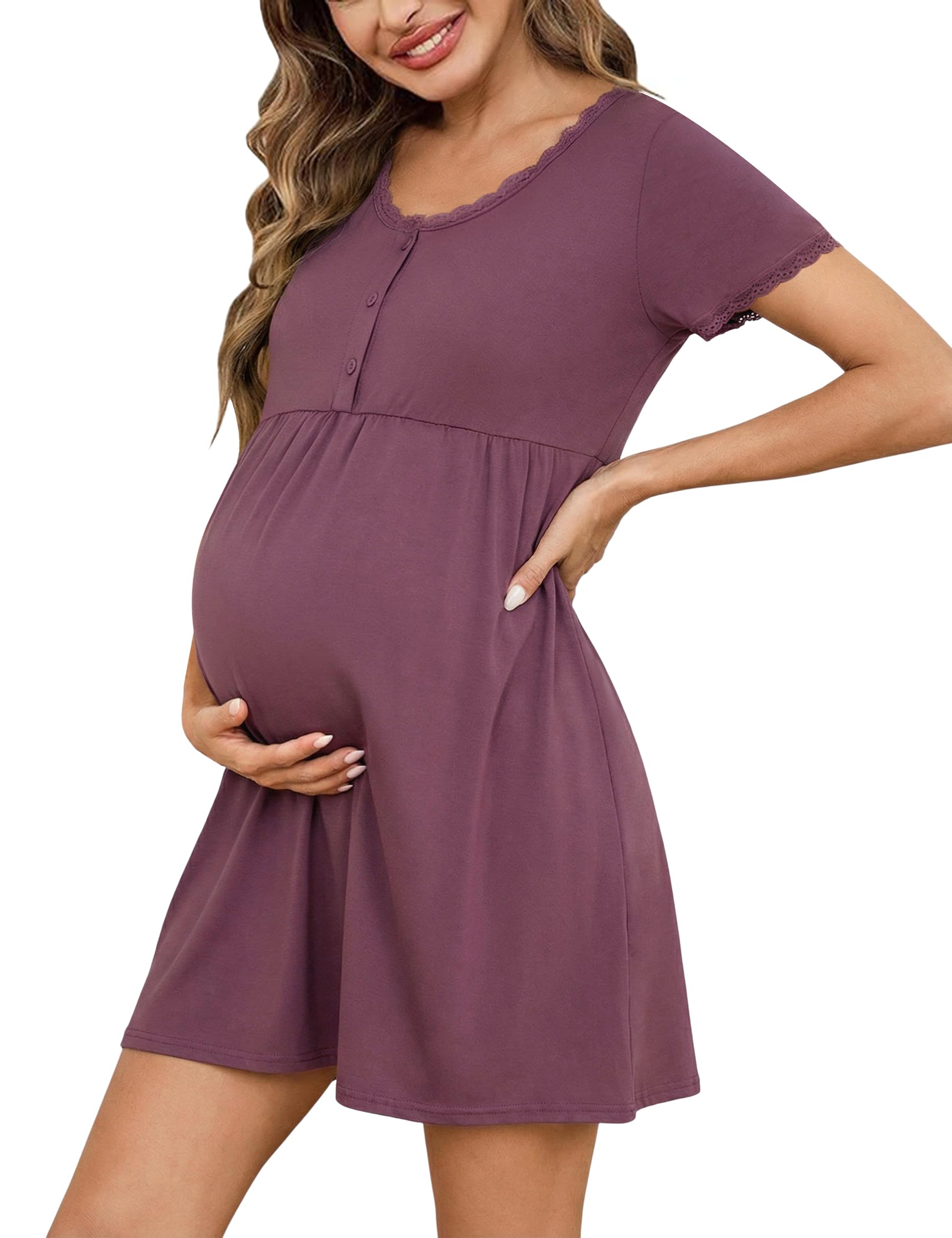 Demegimi Stillnachthemd Damen Kurzarm Baumwolle Geburtskleid Umstandskleid Spitze Umstandsnachthemd mit Knopfleiste Geburt Knöpfen Schlafshirt