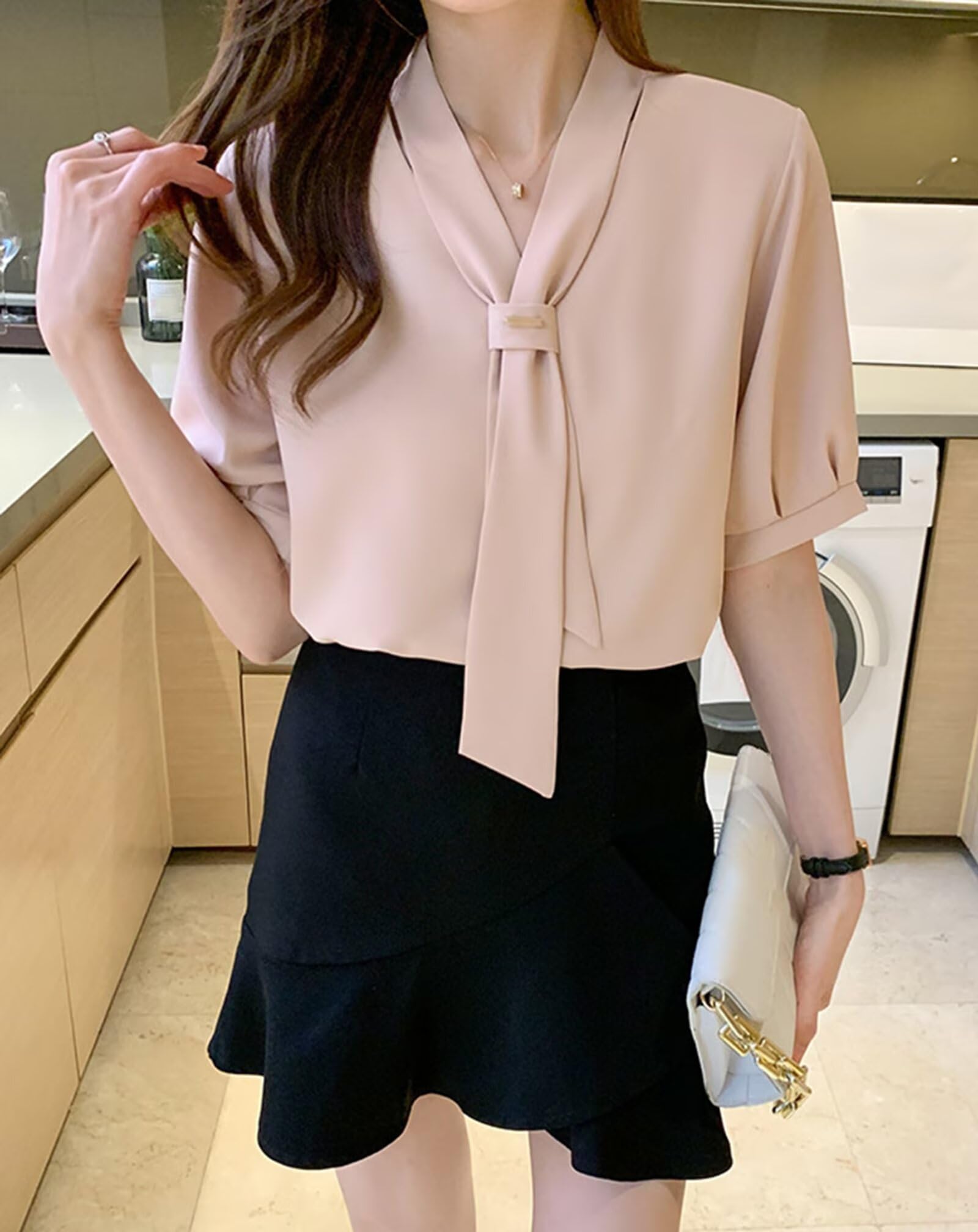 HNVAVQ Camicia Seta Donna Scollo a V Blusa Maniche Corte Elegante Estate