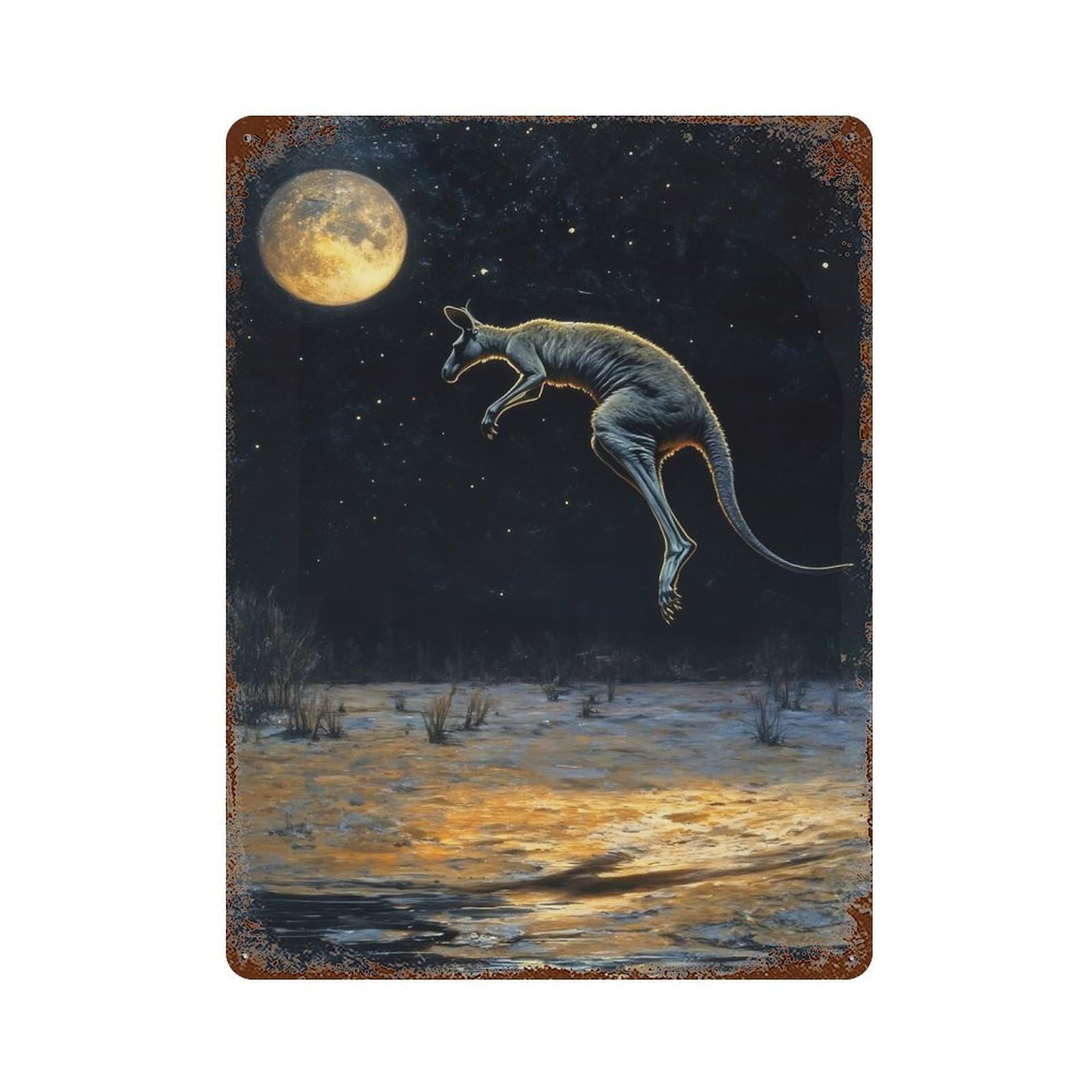 Kangaroo Leaping Under Moonlight Vintage Rust Metal Sign 15.7"x11.8", for Basement, Hobby Room And Garage Decor, Farmhouse Wall Decor