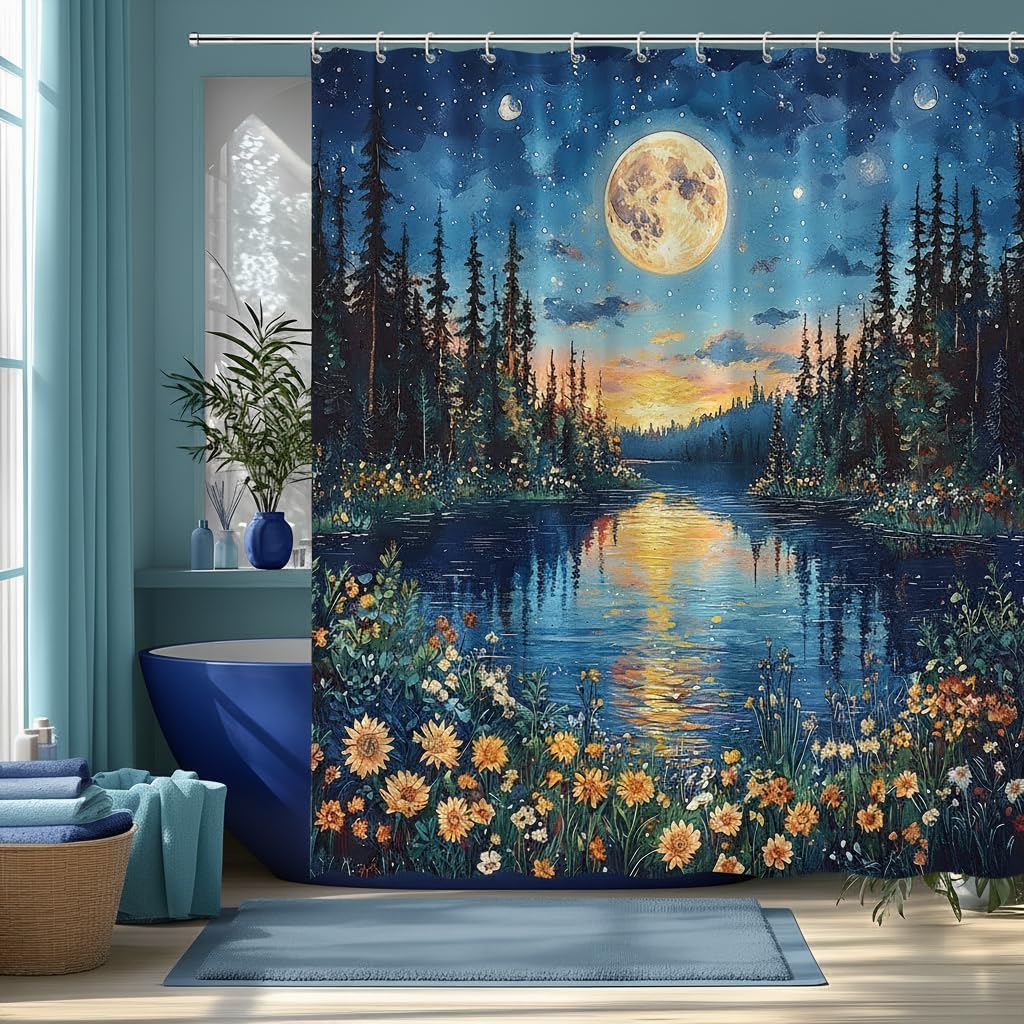 Forest Moon Shower Curtain Misty Forest Fantasy Starry Sky Galaxy Nature Gothic Scenery Abstract Pine Tree Flower Lake Polyester Bathroom Curtains Set with Hooks 70"x84"
