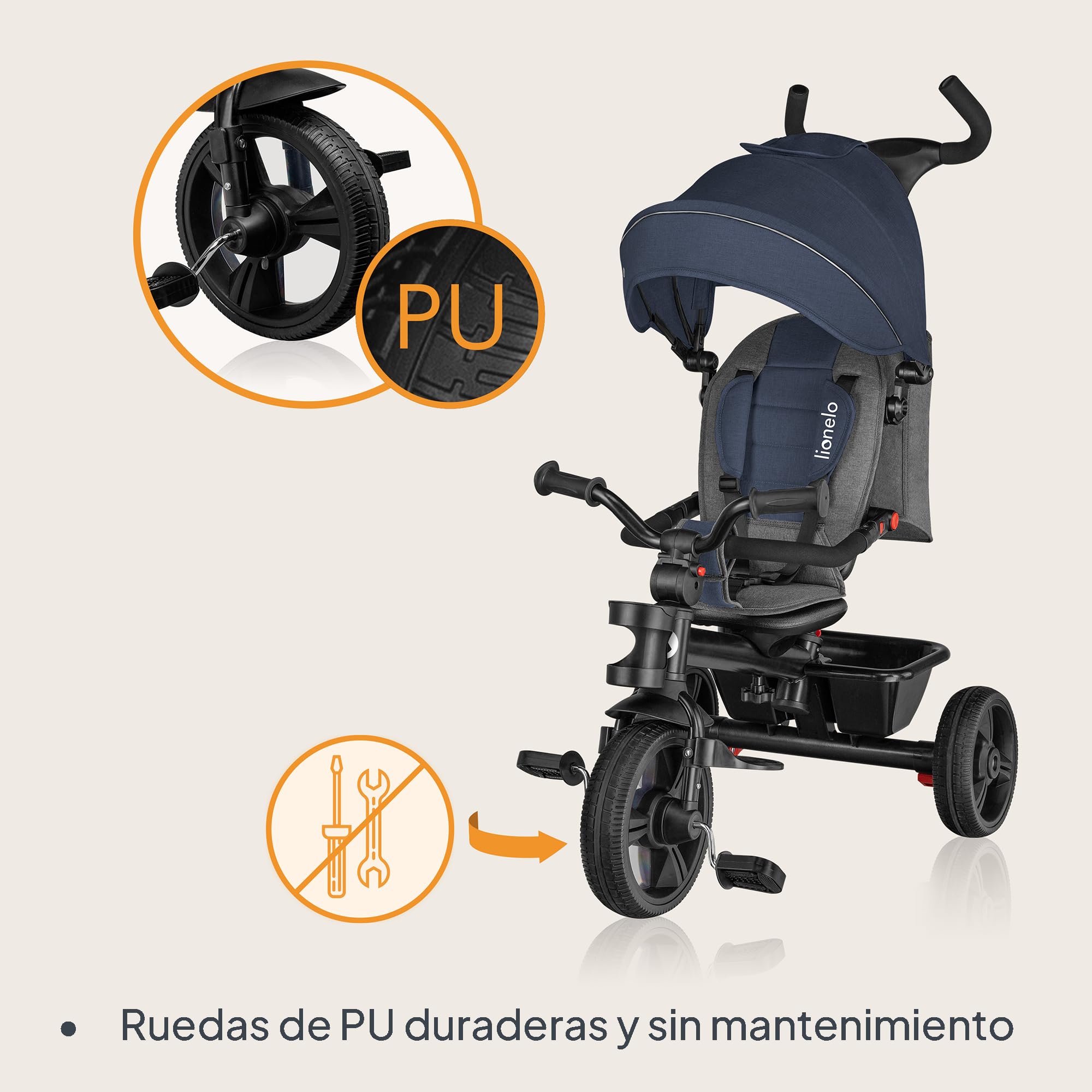 LIONELO Haari Triciclo Evolutivo para Niños, Bicicleta Bebe 4 en 1, Menores hasta 25 kg, 1,5-5 años, Carrito Cesta espaciosa, Bolsa y portavasos, Cinturones de 3 Puntos, Toldo Jeans