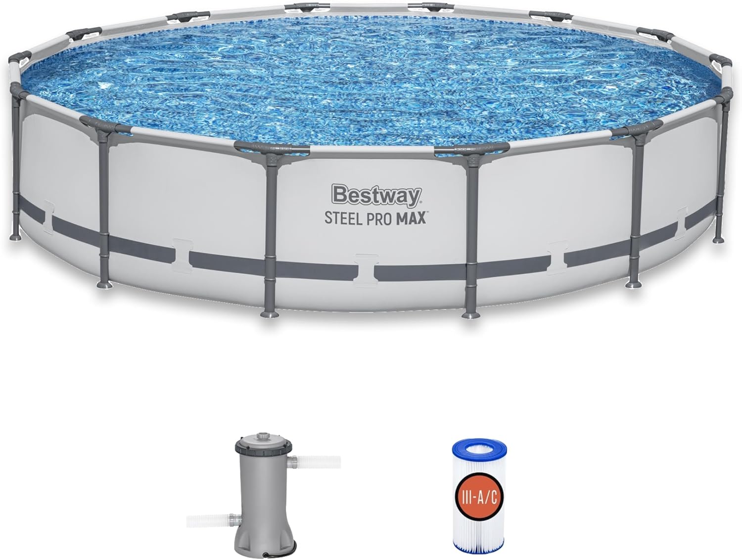 Bestway Steel Pro MAX 14' x 33" Round Above Ground Swimming Pool Set, 530 GPH Filter Pump, Tritech Puncture Resistant Liner, ClickConnect Steel Frame, Gray