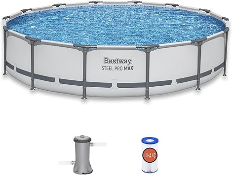 Bestway Steel Pro MAX 14 x 33" Round Above Ground Swimming Pool Set, 530 GPH Filter Pump, Tritech Puncture Resistant Liner, ClickConnect Steel Frame, Gray