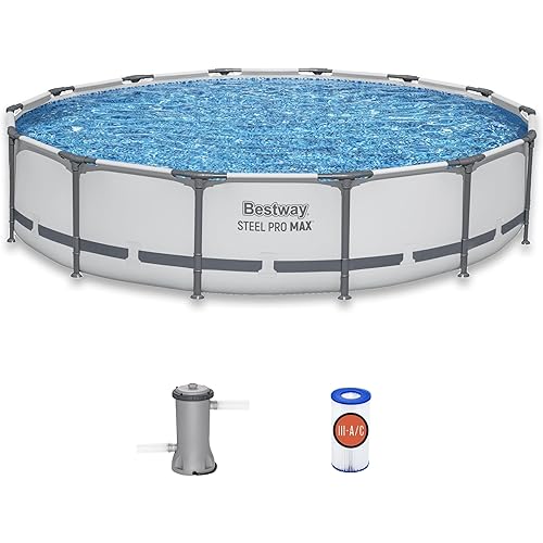 Bestway Steel Pro MAX 14' x 33" Round Above Ground Swimming Pool Set, 530 GPH Filter Pump, Tritech Puncture Resistant Liner, ClickConnect Steel Frame, Gray