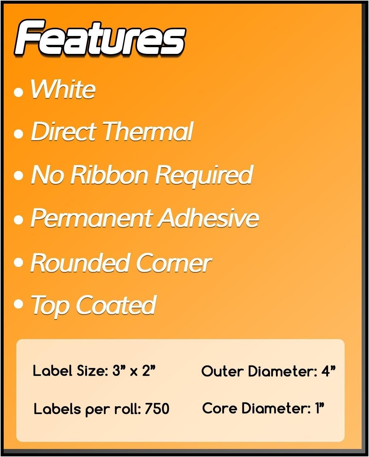 OfficeSmartLabels - 3" x 2" Direct Thermal Labels - Compatible with Zebra & Rollo Desktop Printers and More – 1” Core, Permanent Adhesive & Perforated (750/Roll, 3000 Labels in 4 Rolls)