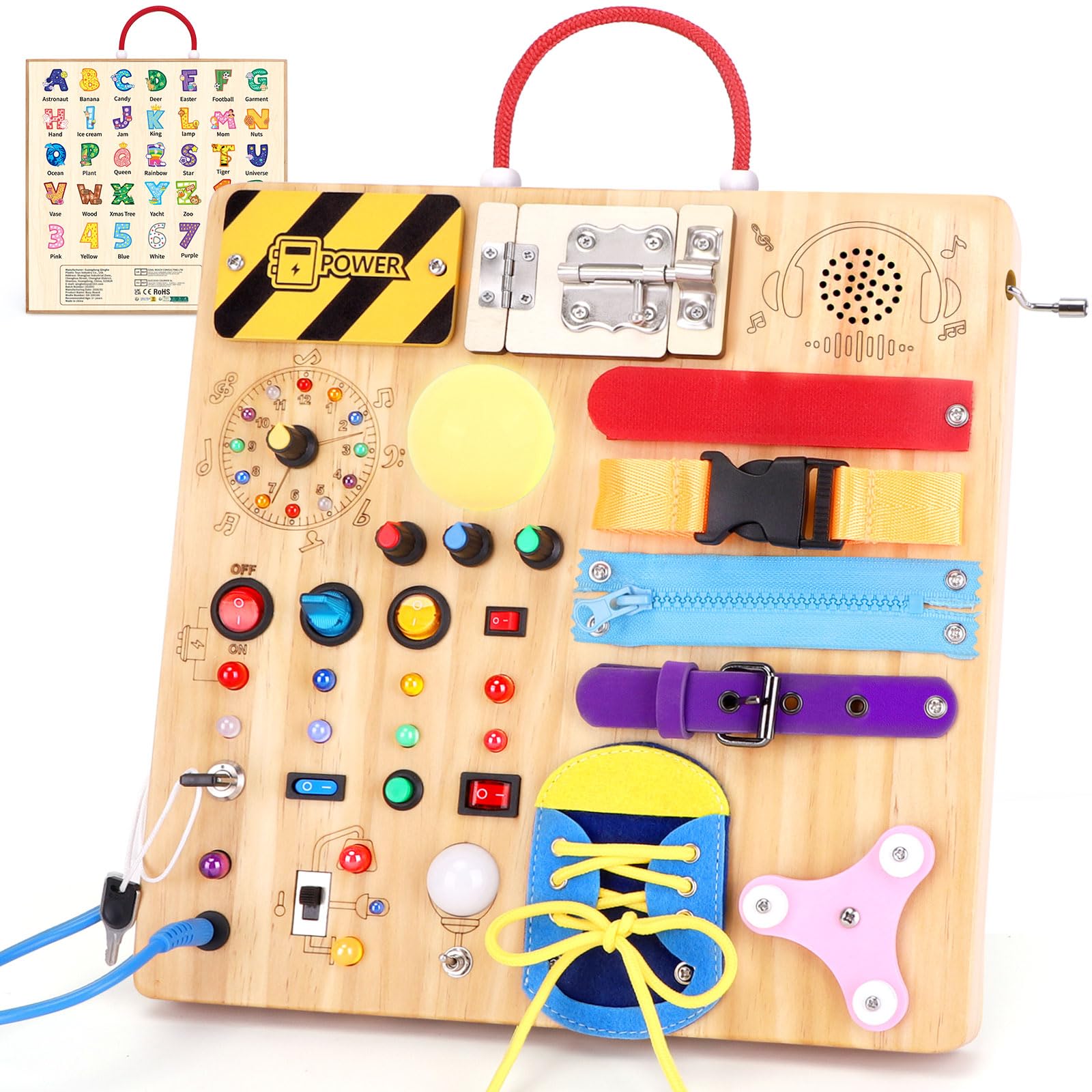 Montessori Busy Board 23 en 1 para niños pequeños a partir de 1 año, juguete de madera con 15 interruptores, 26 luces LED, caja de música, cremallera y castillo, juguete sensorial para niños de 1 a 3