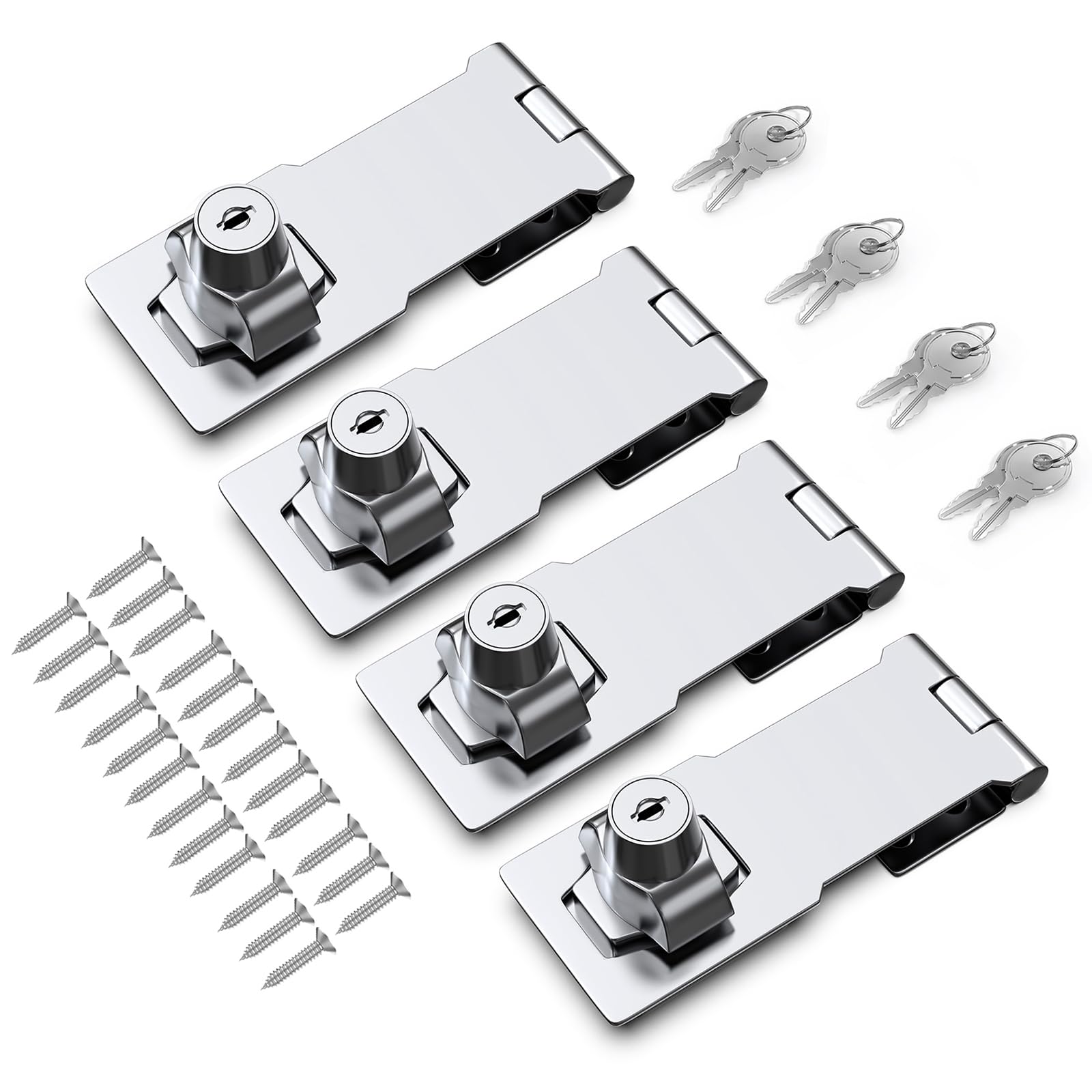 4 Inch Keyed Hasp Lock for Cabinets &amp; Small Doors, Twist Knob Design, Heavy Duty Zinc Alloy with Chrome-Plated Iron, Includes Keys &amp; Screws - Silver, 4 Pack