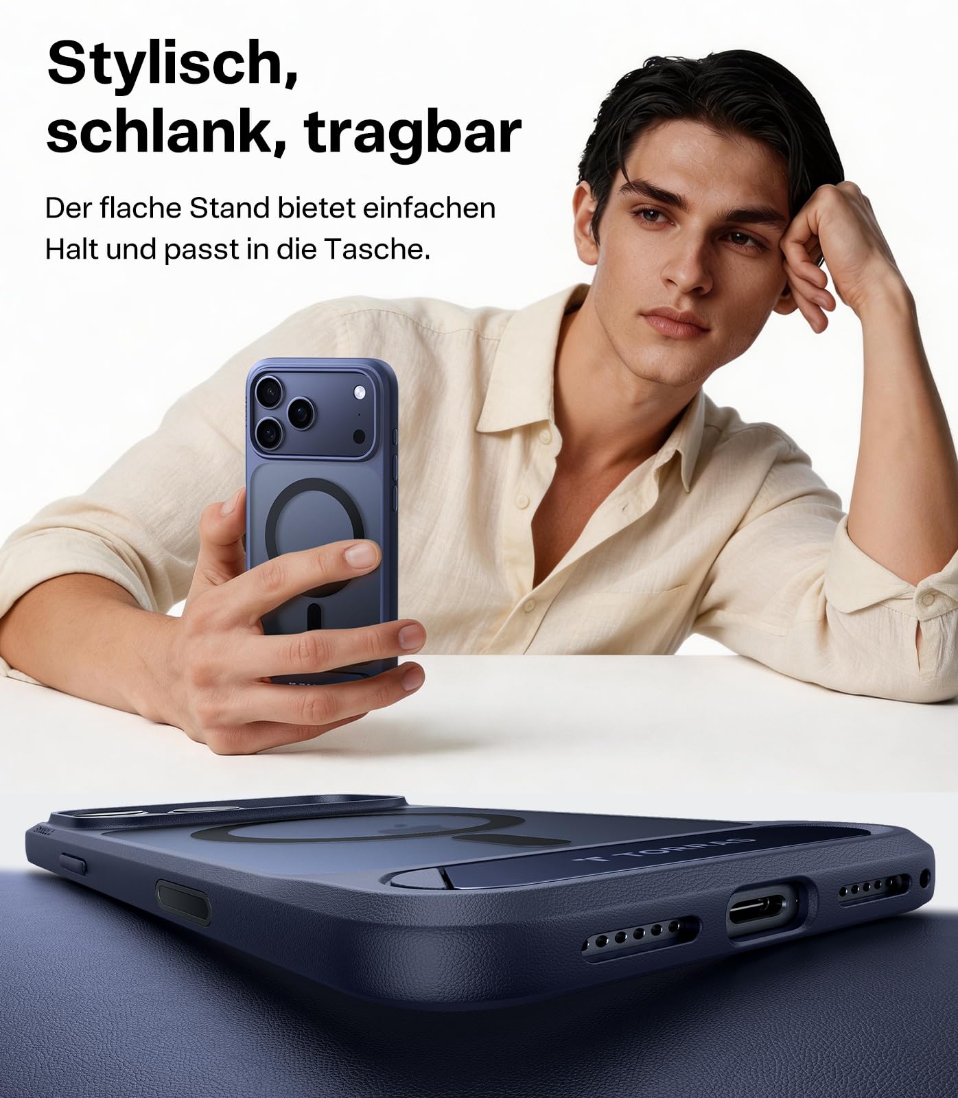 TORRAS Ostand L1 für iPhone 17 Pro Hülle für MagSafe mit kapazitiven Tasten für mit unsichtbarem Ständer Militärschutz Magnetkraft Zertifiziert Handyhülle für iPhone 17 Pro Case Stoßfest Matt blau