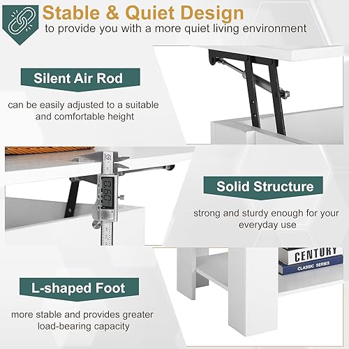Miniatura 23 de PayLessHere Mesa auxiliar elevable con compartimento oculto y estante de almacenamiento, mesa de comedor de madera para sala de estar y hogar Negro
