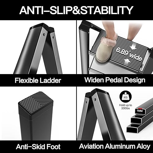 Miniatura 3 de GameGem Escalera de 2 escalones, taburete plegable de aluminio de 2 escalones con pedal antideslizante resistente y ancho, escalera de mano ligera y