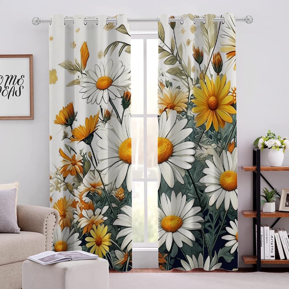 Daisy Flower Pattern Blackout Decor Curtains 2 Panels 84"L x 54"W abstract White Yellow Flower Plant Window Treatment Set Grommet Heat Insulation Noise Reduction Drapes for Living Room/Bedroom